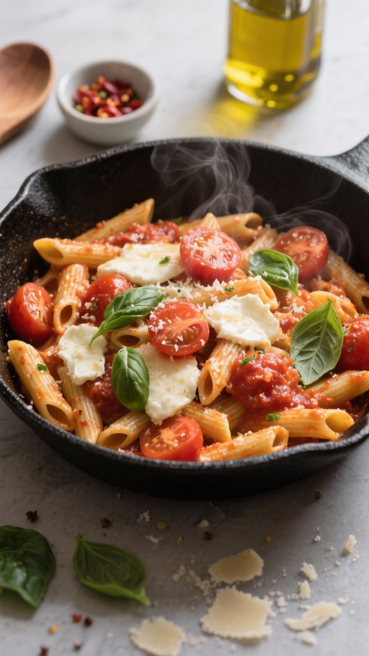A 45-degree angle, one-pan scene of Tomato Basil Penne in a deep black skillet: al dente penne coated in a fresh tomato sauce with burst cherry tomato halves, ribbons of melted low-moisture mozzarella stretching between noodles, and torn basil leaves folded in. Steam rising, light olive oil sheen, specks of Italian seasoning, Parmesan dusted on top. Include a wooden spoon, a small bowl of chili flakes, and a bottle of olive oil nearby; cozy, weeknight-comfort vibe.