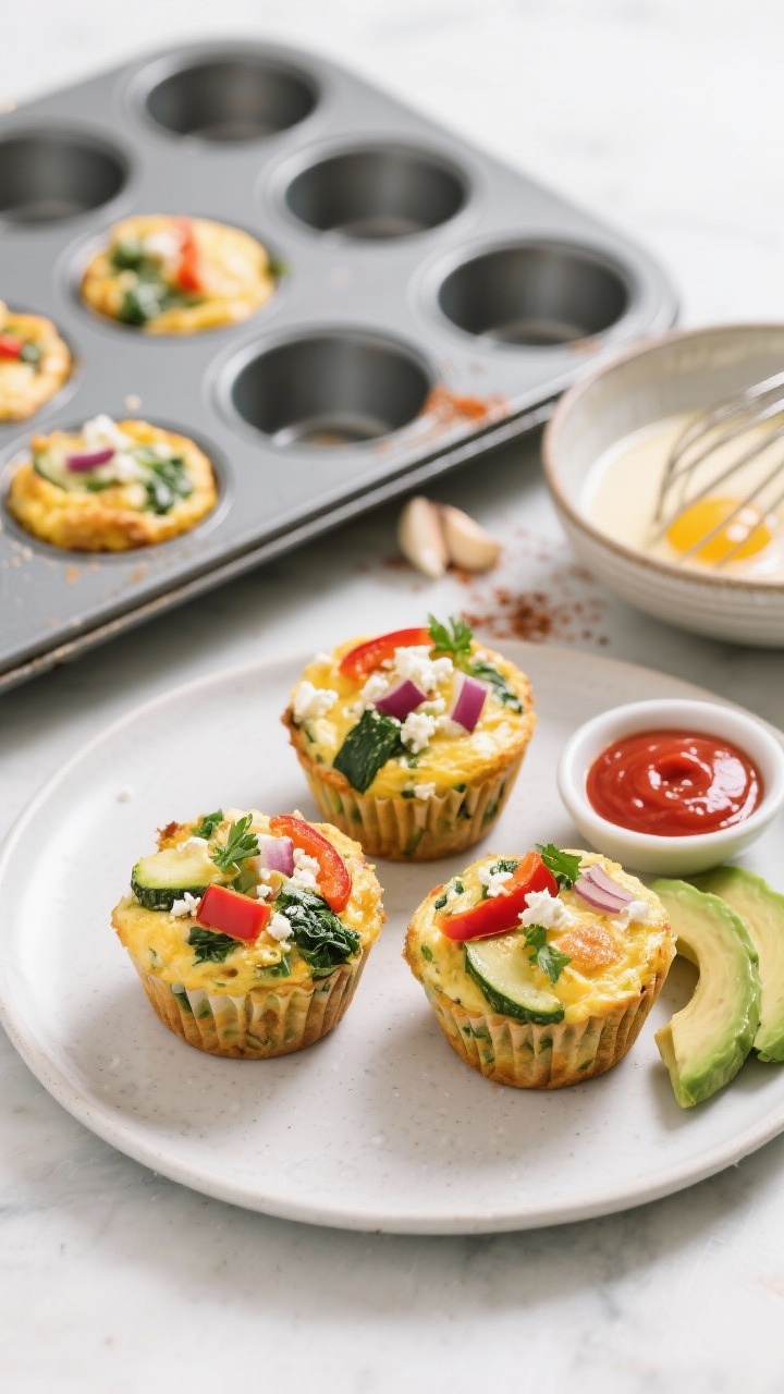 A 45-degree angle plated presentation of Veggie-Loaded Egg White Frittata Muffins fresh from the oven: individual muffins with visible spinach, red bell pepper, zucchini, red onion, flecks of parsley, and crumbly feta, lightly golden on top. Arrange three muffins on a matte white plate with avocado slices and a small dish of red hot sauce; in the background, a greased 12-cup muffin tin with a few muffins still inside and a whisked egg mixture bowl hinting at garlic powder and smoked paprika. Clean, high-protein meal-prep mood, bright daylight, sharp detail on the moist, airy interior.