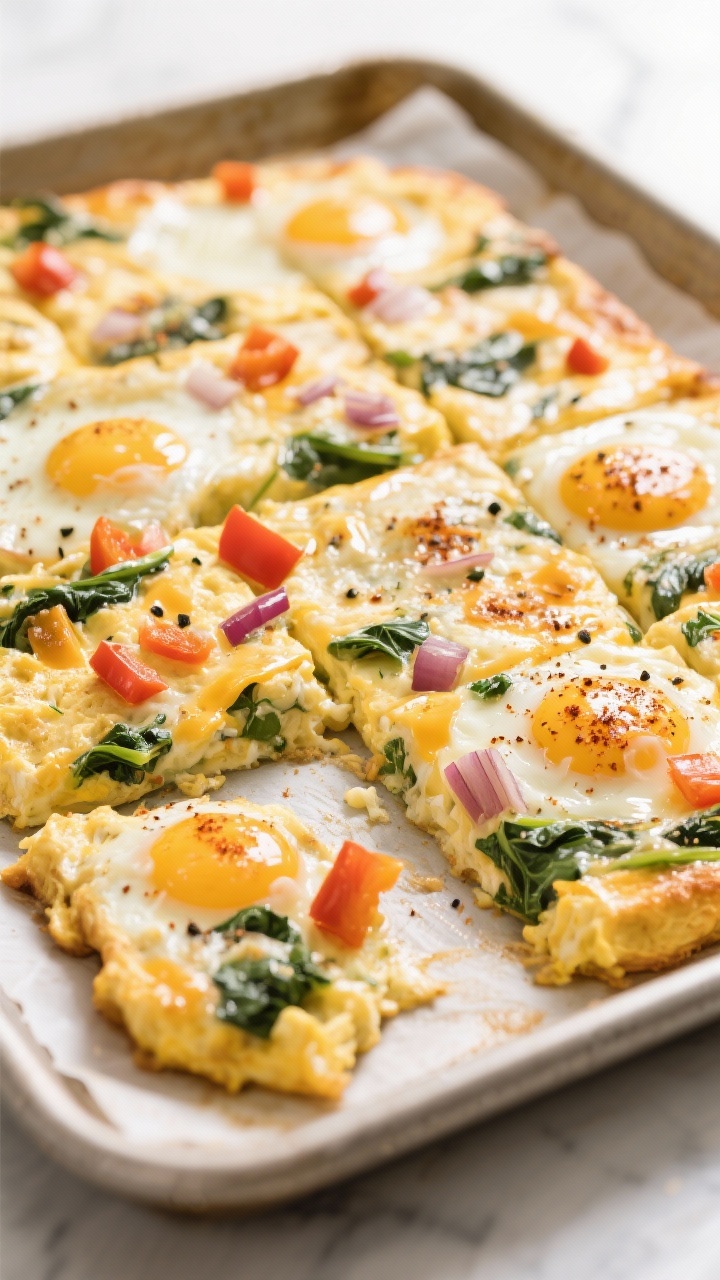 A 45-degree angle shot of a cheesy sheet-pan scramble fresh from the oven: fluffy baked eggs studded with diced bell peppers, onion, and chopped spinach, with melted cheddar bubbling on top; sliced into neat squares on parchment-lined rimmed pan, a sprinkle of smoked paprika and black pepper visible; olive oil sheen, minimal props, bright kitchen light suggesting meal prep efficiency.