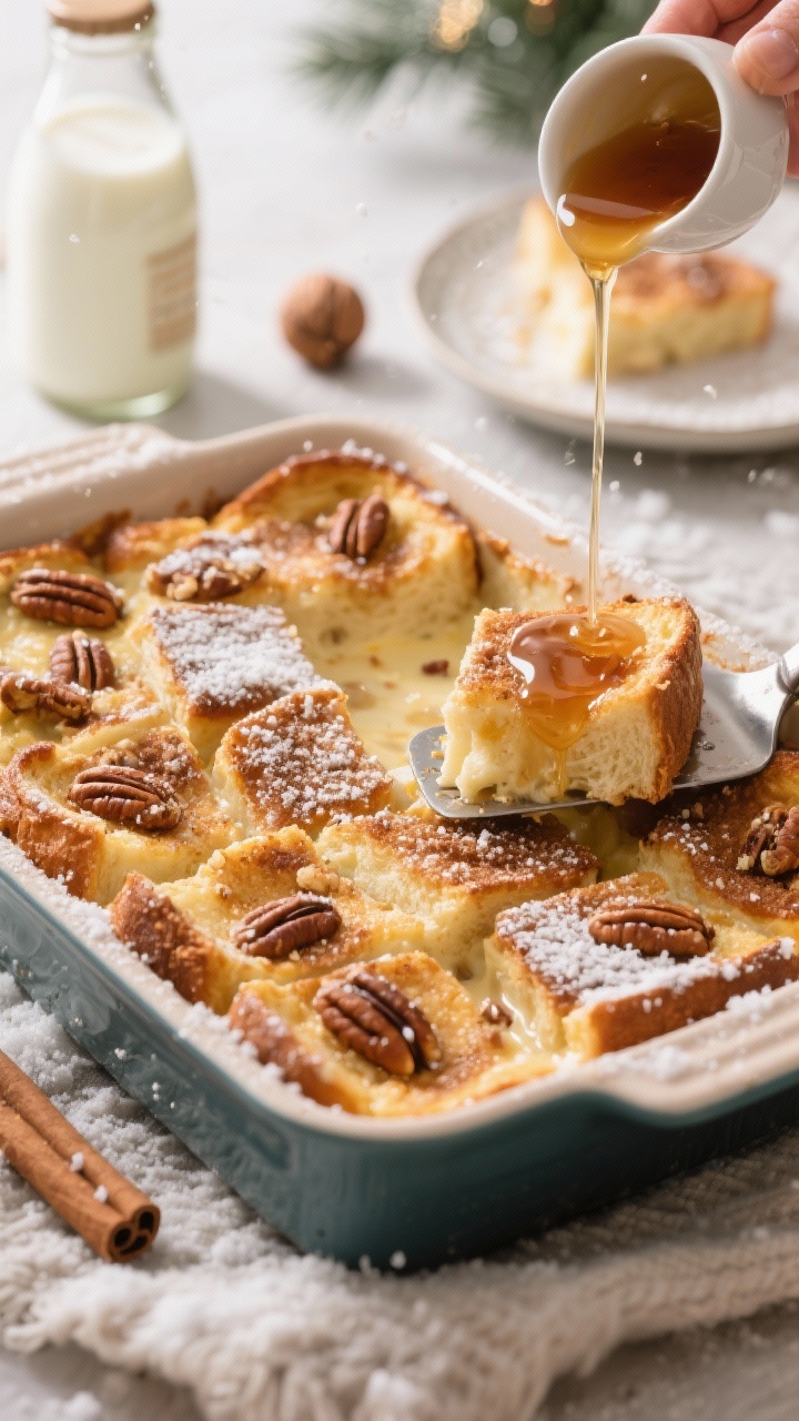 A 45-degree angle shot of an overnight eggnog French toast bake in a 9x13 ceramic dish, just pulled from the oven: puffed, custardy brioche cubes with golden, crisp edges, a caramelized pecan-brown sugar topping glistening; a light snowfall of powdered sugar mid-air and a stream of maple syrup being drizzled over one corner; styling includes a bottle of eggnog, whole nutmeg, cinnamon sticks, and a serving spatula ready to lift a portion onto a side plate; soft holiday morning ambiance.