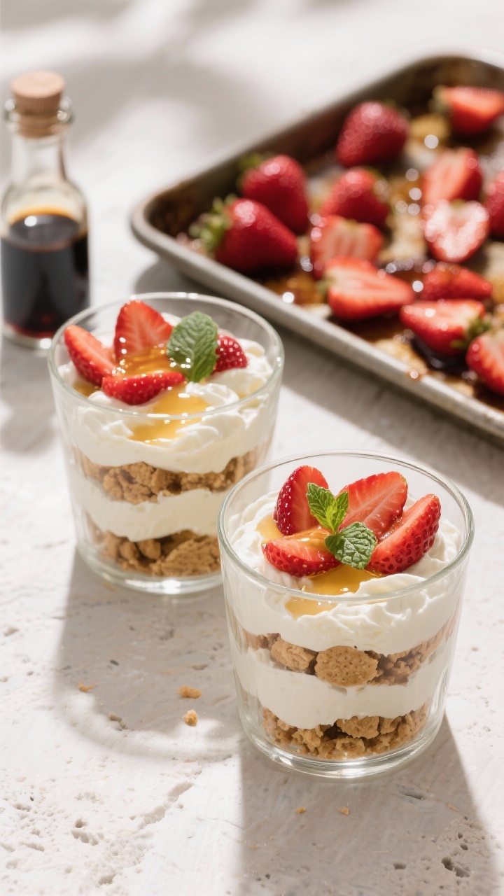A 45-degree angle shot of honeyed ricotta parfaits layered in clear glasses: crushed cookies, whipped ricotta (silky, cloud-like), and glossy roasted strawberries in their syrup. Finish with a drizzle of honey and a sprig of fresh mint. In the background, a sheet pan with roasted strawberries (halved, syrupy) and a small bottle of balsamic vinegar. Natural daylight with soft shadows on a light stone surface to highlight vibrant reds and creamy whites; no people, focus on elegant layers.