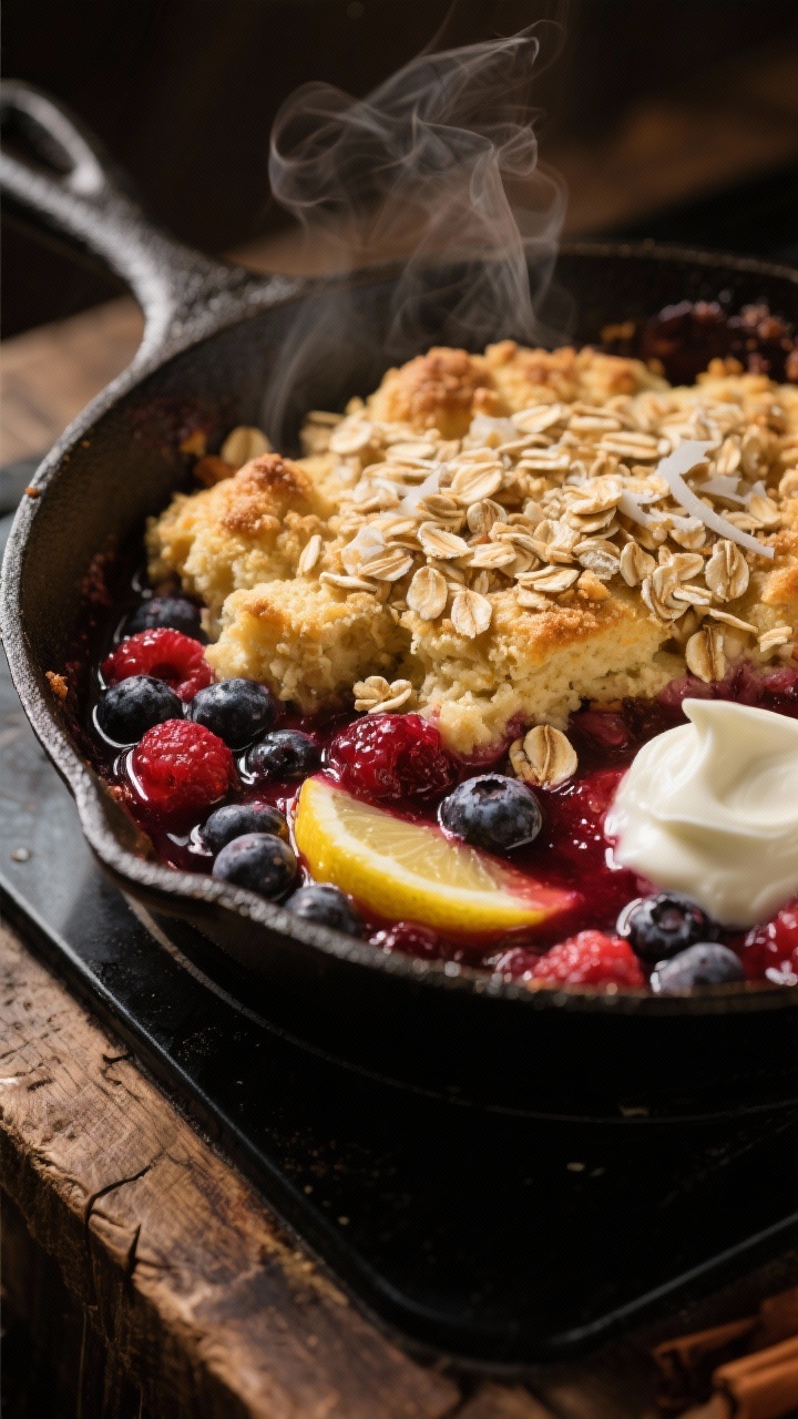 A 45-degree angle skillet scene of a warm berry cobbler hack on the stovetop: juicy frozen mixed berries simmered to a glossy, saucy thickness with visible lemon brightness and a hint of cornstarch sheen. On top, a golden almond-oat streusel with toasted rolled oats, almond flour, and flecks of shredded coconut, clumped and slightly glossy from coconut oil and maple, dusted with cinnamon. A dollop of vanilla yogurt off to the side, ready to spoon over. Steam subtly rising, cast-iron or dark nonstick skillet on a rustic wood surface, natural evening light for cozy vibes.