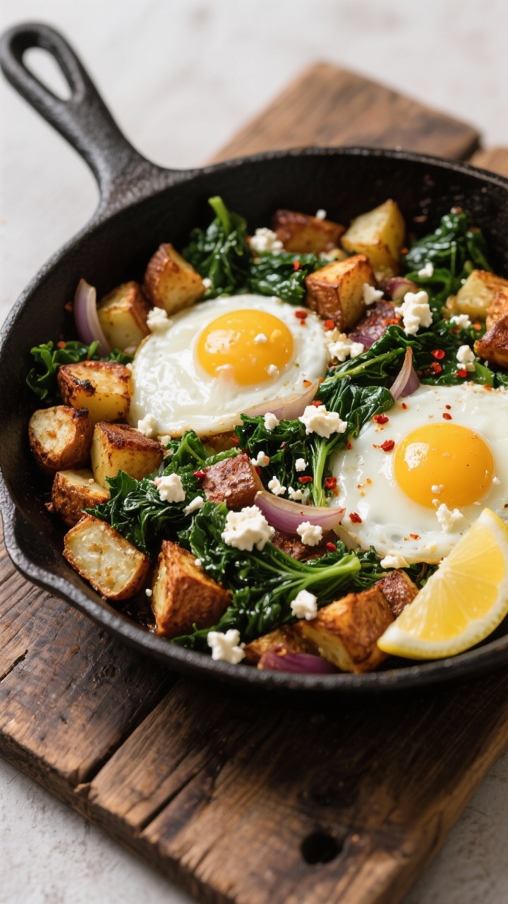 A 45-degree angle skillet shot of crispy potato, kale, and feta breakfast hash: deeply browned potato cubes with crackly edges, wilted emerald kale, sautéed onion, a hint of smoked paprika and crushed red pepper; crumbled feta scattered on top, with two eggs cooked in wells—set whites, soft yolks; cast-iron pan on a rustic board, lemon wedge nearby for finishing, hearty and rustic mood.