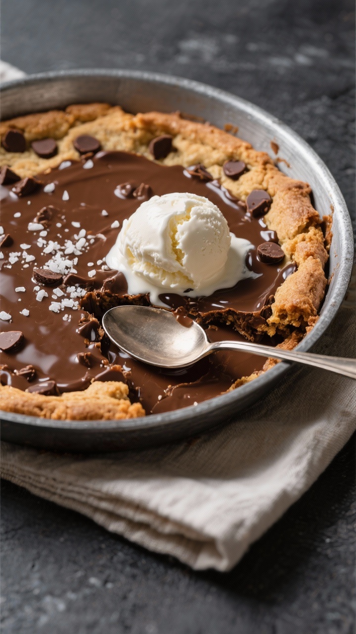 A 45-degree close-up of a warm brown butter chocolate chip skillet cookie baked directly in a brushed stainless-steel mixing bowl, edges crisp and golden with a gooey center and glossy, melted semisweet chocolate puddles; a light sprinkle of flaky salt glistens on top, a scoop of vanilla ice cream just beginning to melt into the cracks. Set on a matte charcoal surface with a soft linen napkin and a metal spoon poised to dig in; emphasize the nutty browned-butter sheen and contrasting textures.