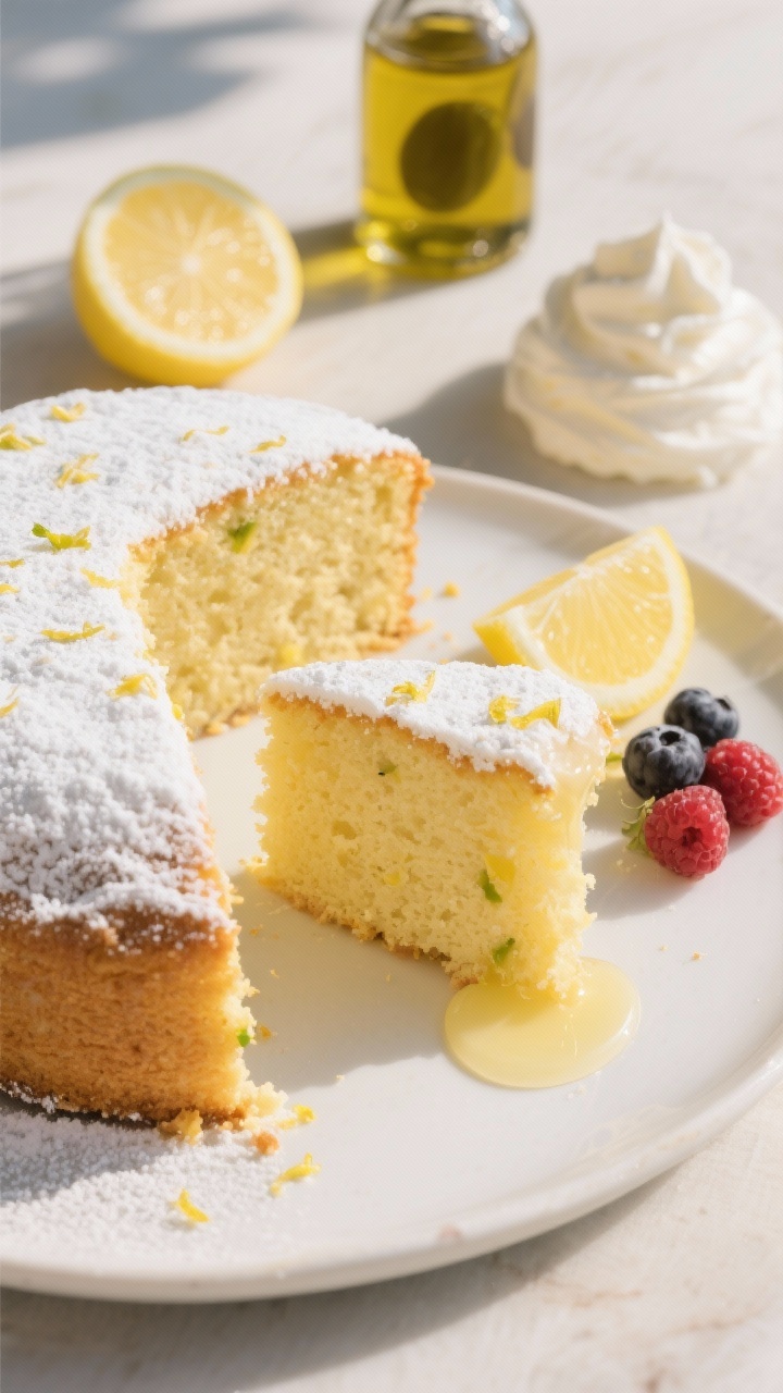 A bright, sunlit 45-degree plated shot of a Lemon Olive Oil Yogurt Cake, sliced with tender crumb and a pale golden crust, dusted with powdered sugar. Visible lemon zest flecks in the cake, with a small pour of glossy lemon glaze pooling on one slice. Style with halved lemons, a bottle of extra-virgin olive oil, and a dollop of whipped cream with fresh berries on the side; airy, Mediterranean mood, emphasizing the cake’s moist texture and glowing yellow hues.
