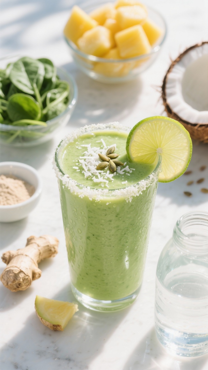 A bright, tropical 45-degree angle shot of the Tropical Greens Glow Smoothie poured into a tall glass, vibrant light-green color with a silky finish, condensation on the glass. Garnish with a lime wheel on the rim, a dusting of shredded coconut, and a few hemp hearts. In the background: bowls of frozen mango and pineapple, a handful of baby spinach, a nub of fresh ginger, a scoop of vanilla protein powder, and coconut water, all on a sunlit white countertop. Fresh, beachy mood with a pop of lime and a small piece of ginger set beside the glass.