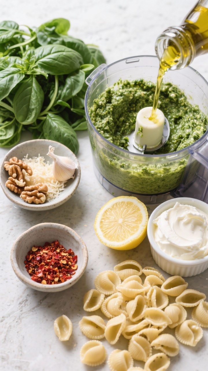 A clean overhead ingredient-to-sauce prep shot for Creamy Spinach Pesto Orecchiette: vibrant piles of fresh spinach and basil, a small bowl of toasted walnuts, grated Parmesan, a peeled garlic clove, lemon half, mascarpone in a ramekin, and a stream of extra-virgin olive oil mid-pour into a food processor bowl containing the green pesto base. Uncooked orecchiette scattered to the side; optional red pepper flakes in a pinch bowl. Crisp, bright greens and nutty textures on a light stone backdrop.