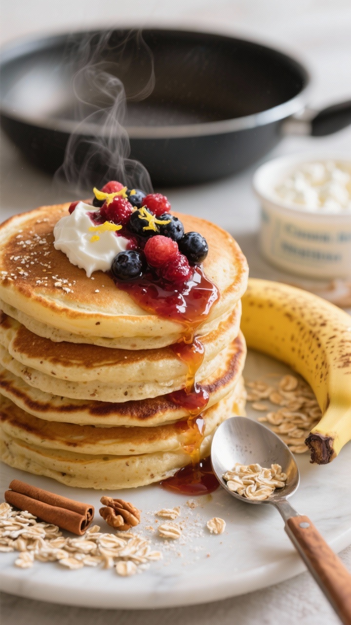 A close-up of Cottage Cheese Banana Pancakes stacked high, golden and fluffy with tiny oat flecks, steam faintly rising. Warm berry compote made from simmered mixed berries, lemon zest, and maple syrup cascading down the sides; a sprinkle of cinnamon visible on the pancakes, with a small dollop of Greek yogurt and a few crushed nuts on the side. In the soft-focus background, a nonstick skillet with a 1/4-cup ladle and a banana, rolled oats, and cottage cheese tub arranged as ingredient cues. Cozy morning light, shallow depth of field emphasizing glossy compote and tender texture.