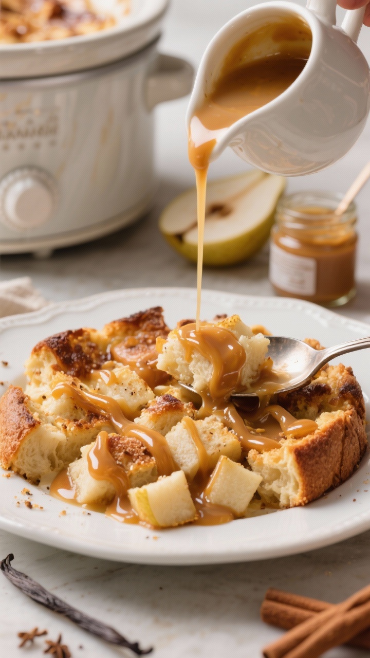 A close-up, spoon-in action shot of Caramel Pear Bread Pudding with Vanilla Sauce: custardy brioche cubes and soft pear pieces with golden edges in the crockpot insert, glossy ribbons of warm caramel drizzled over. A pour of velvety vanilla sauce streams from a small pitcher onto a plated serving, highlighting texture and sheen; visible cinnamon and nutmeg speckles. Props include diced pears, a jar of caramel, and a small saucepan of the just-cooked sauce. Cozy dessert mood with soft highlights, no people, focus on indulgent textures.