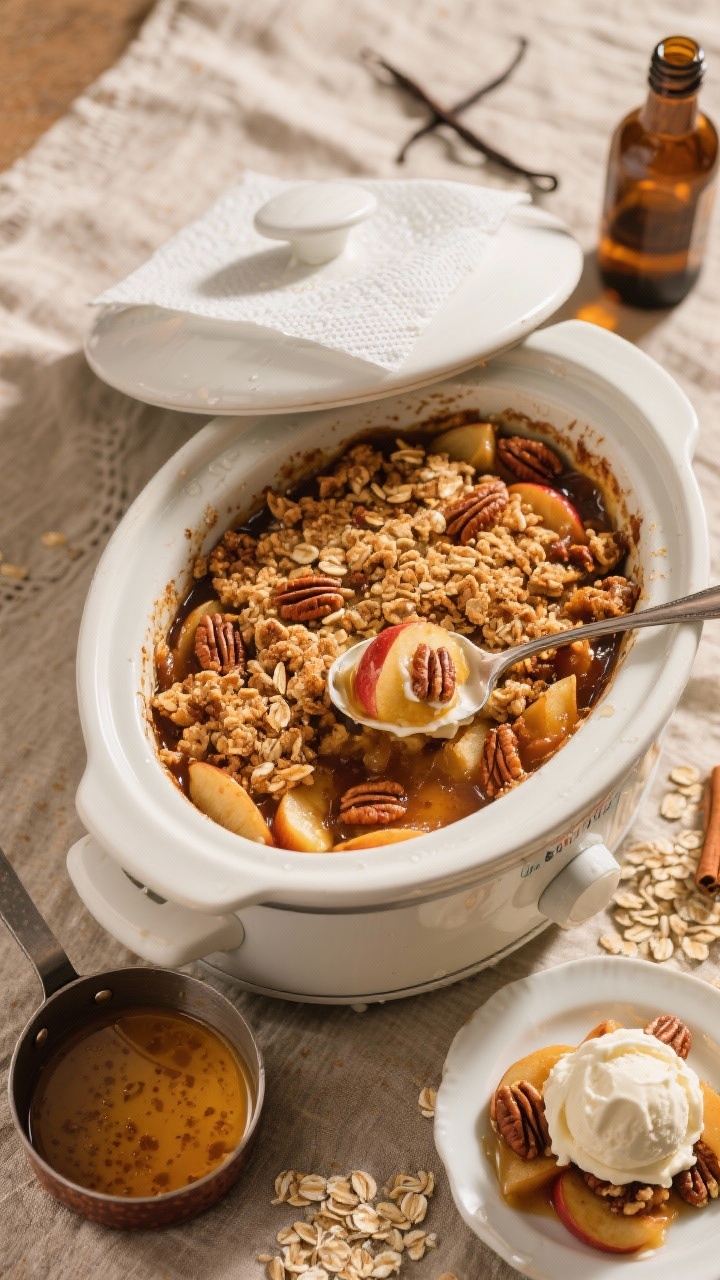 A cozy overhead shot of brown butter apple crisp in a slow cooker insert: jammy cinnamon-nutmeg apples bubbling under a deeply golden, clumpy oat and pecan topping, with the paper towel condensation trick visible just peeking under the removed lid. A spoon scoops out a portion to a small dessert plate, vanilla ice cream melting into the warm fruit. Include a small saucepan with browned butter (amber speckled), a vanilla bottle, and scattered oat flakes on a rustic linen. Warm, golden hour tones for dessert allure.