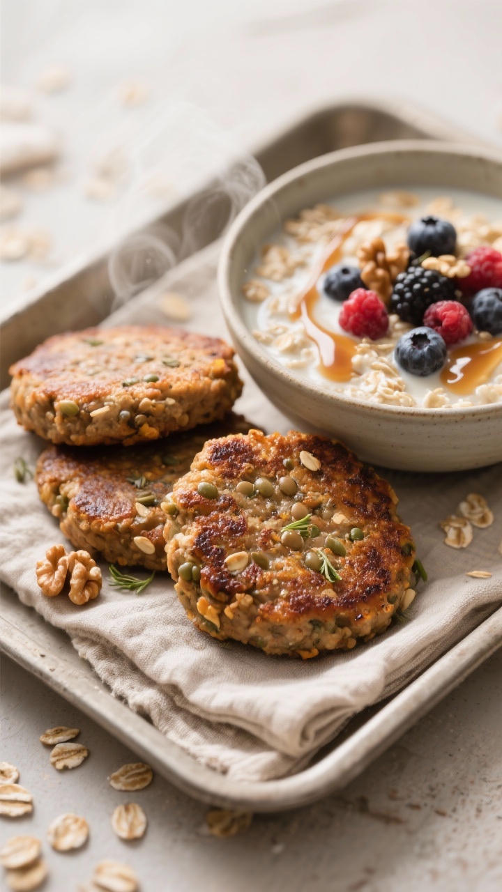 A cozy straight-on composition of maple walnut lentil “sausage” patties and berry oats on a breakfast tray: patties seared to a deep golden brown with visible walnut bits and fennel seed flecks, stacked beside a bowl of creamy rolled oats simmered with soy milk and studded with mixed berries, a light maple drizzle on both. Warm, inviting tones, gentle steam, rustic linen napkin, crisp exterior and tender interior of patties emphasized.