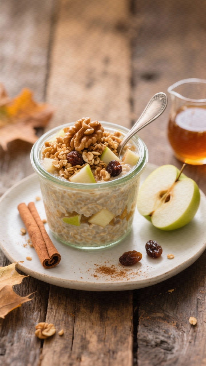 A cozy straight-on plated presentation of Apple Pie Cinnamon Crunch Overnight Oats in a glass jar, thick and speckled with cinnamon and nutmeg, studded with finely diced Honeycrisp apple and a few raisins. Crowned with a heaping spoonful of crunchy granola and toasted walnuts just before serving. Set on a rustic wooden table with a cinnamon stick, a drizzle of maple syrup in a tiny pitcher, and a Granny Smith wedge for contrast. Warm, autumnal tones with soft side lighting that highlights creamy texture and crunchy topping.