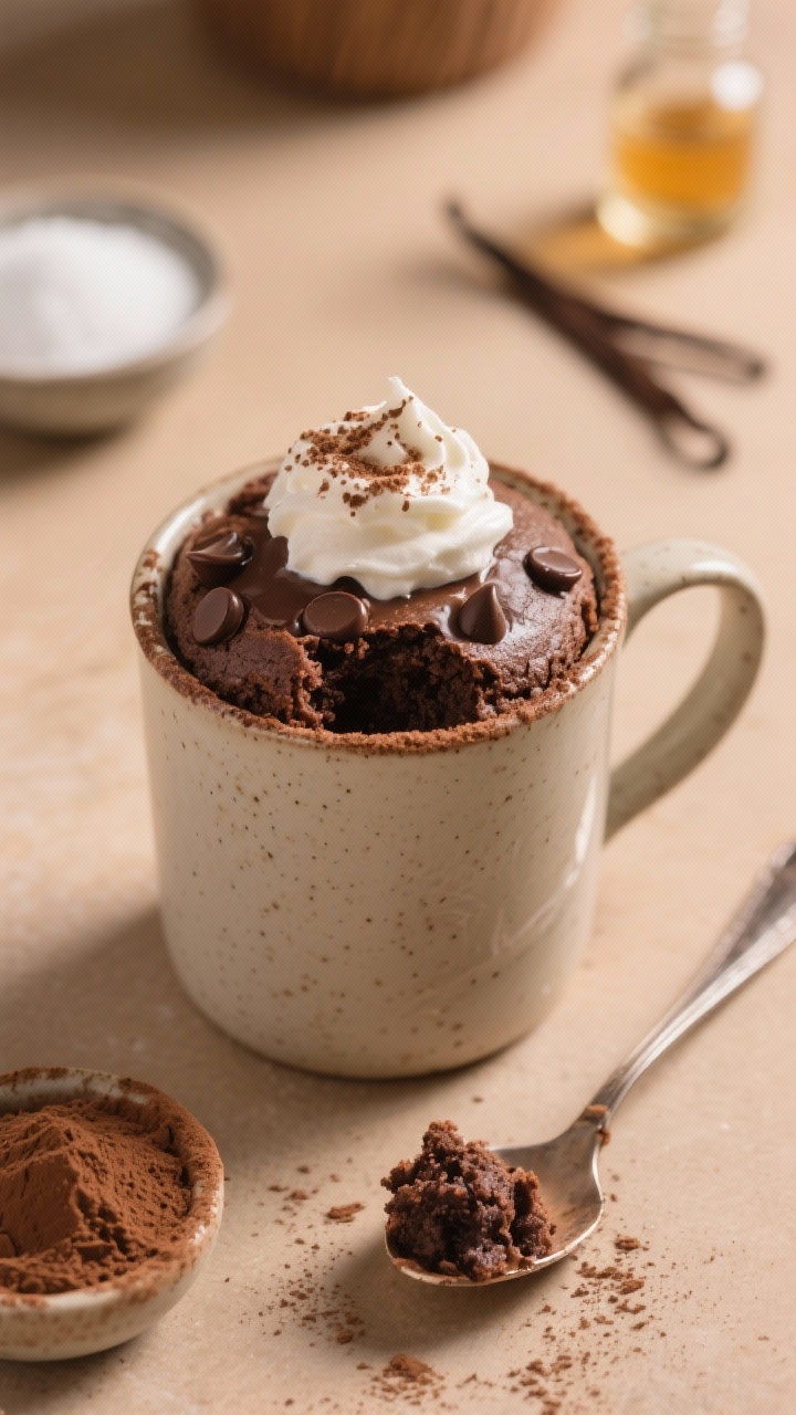 A cozy, straight-on shot of a freshly microwaved chocolate mug cake in a 12-ounce ceramic mug: tender, moist crumb rising just above the rim with a slightly glossy top, melted chocolate chips peeking through. A small spoon rests beside the mug with a bite revealing fudgy interior. A dollop of whipped cream melting on top, light cocoa dusting around the mug, and nearby ingredients (cocoa powder, a tiny bowl of sugar, vanilla extract bottle) softly blurred. Warm, soft lighting to emphasize rich chocolate color and moist texture.