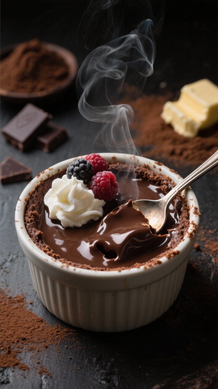 A dramatic straight-on close-up of a microwave molten chocolate pudding served in a ceramic ramekin, edges slightly cakey and the center visibly molten and glossy, a spoon breaking into the soft middle with a ribbon of chocolate lava. Steam subtly rising, a small cloud of whipped cream and a few fresh berries on top; include hints of ingredients in the background—dark chocolate pieces, butter, and a sprinkle of cocoa powder—moody lighting for restaurant-style allure.