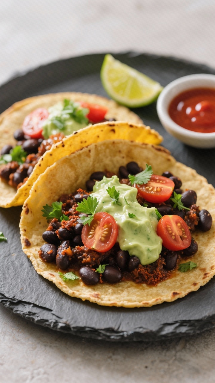A plated 45-degree shot of smoky black bean breakfast tacos on a matte slate board: warm corn tortillas filled with spiced black beans (smoked paprika, cumin), lightly mashed and glistening with lime juice, topped with cherry tomato quarters and chopped cilantro. A drizzle of silky avocado lime crema over the filling, a wedge of lime, and a small dish of hot sauce; vivid colors, soft morning light, focus on contrast between creamy crema and hearty beans.