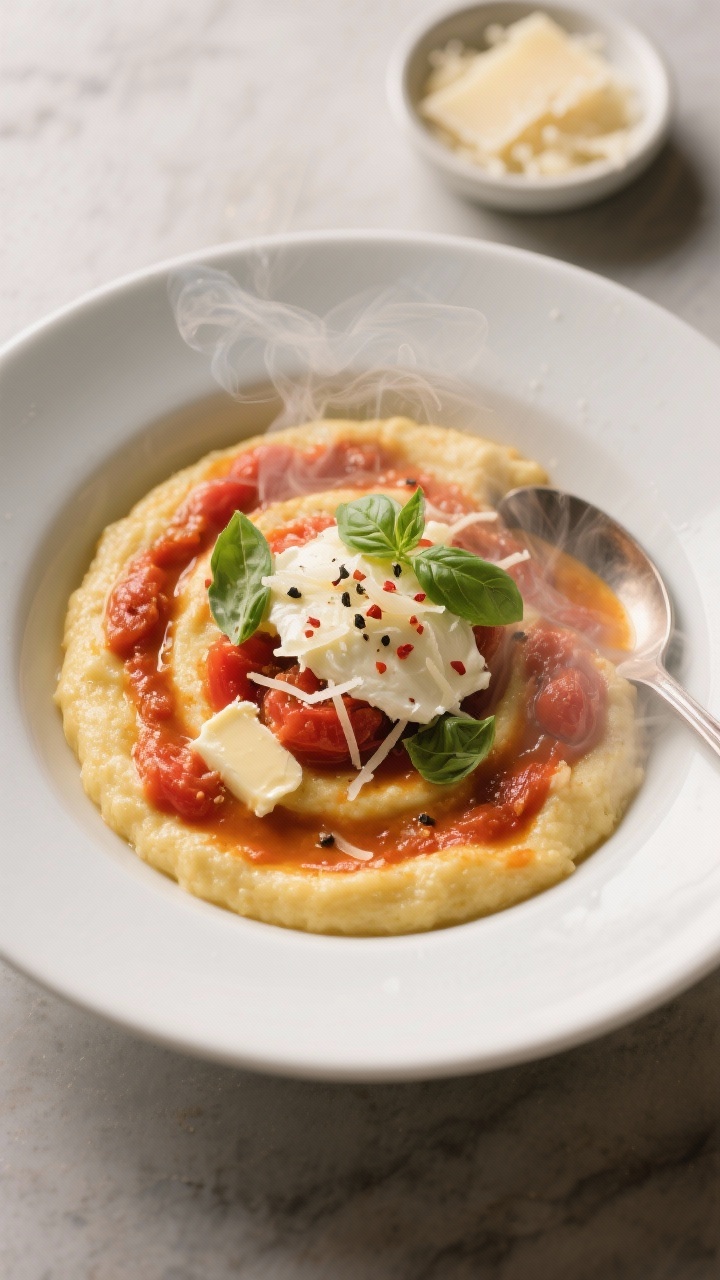 A plated, straight-on comfort bowl of creamy tomato basil breakfast polenta: silky polenta swirled with crushed tomatoes, butter, and Parmesan, topped with melty strands of mozzarella, torn fresh basil, cracked black pepper, and a light sprinkle of red pepper flakes; gentle steam, spoon trail showing texture, warm Italian-inspired styling with a small dish of extra Parmesan in the background.