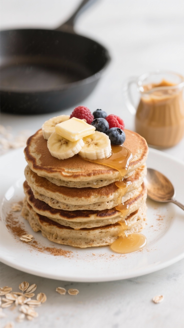 A plated, straight-on stack of Peanut Butter Banana Protein Pancakes: fluffy oat-and-banana pancakes with crisped edges, lightly browned, stacked high on a white plate. A pat of melting butter (or glossy sheen of oil), topped with sliced banana, a few fresh berries, and a gentle drizzle of maple syrup cascading down the sides; faint dusting of cinnamon. Small pitcher of syrup and a spoonful of peanut butter in the background; clean skillet off to the side. Cozy weekday-morning feel, soft natural light, inviting syrup glisten.