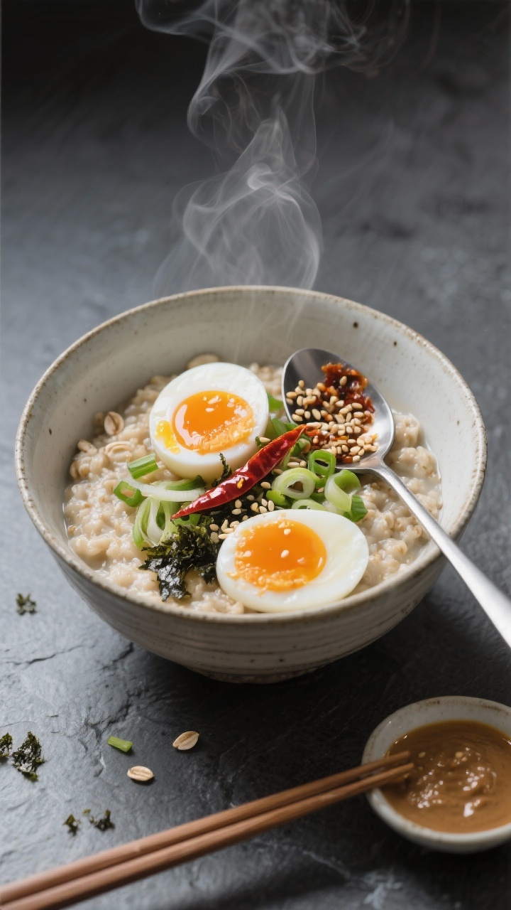 A straight-on bowl shot of savory miso oat porridge: creamy oats stirred with white miso and soy, topped with halved jammy eggs (set whites, molten yolks), thinly sliced scallions, a spooned ribbon of chili crisp, and sesame seeds; optional seaweed flakes scattered; steam rising, ceramic bowl on a slate surface, chopsticks and a small dish of miso to the side, clean modern styling.