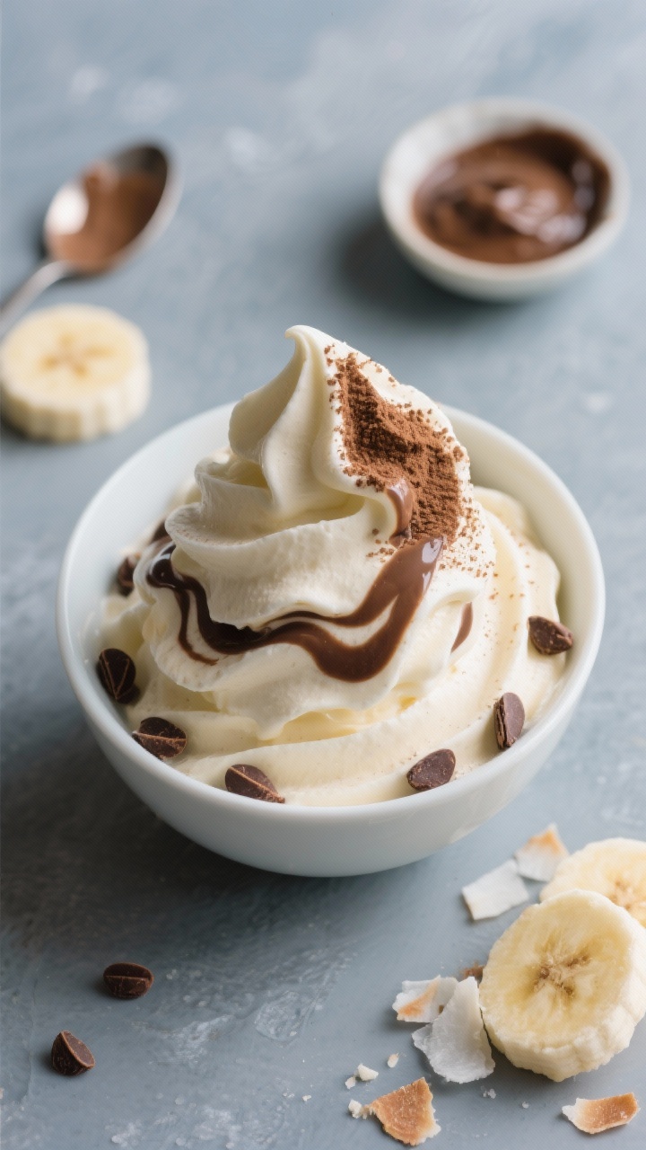 A straight-on bowl shot of silky banana nice cream with a dramatic espresso-cacao swirl. The pale, creamy banana base piled into soft-serve peaks, with a thick mocha-colored ribbon marbled through from a dolloped paste of instant espresso, cocoa powder, and maple. Garnished lightly with cacao nibs and a few toasted coconut flakes on one side. In the background: a small dish with the espresso-cacao paste and a spoon with a smear, plus a couple of frozen banana slices. Cool-toned backdrop, crisp lighting that highlights cold, velvety texture.