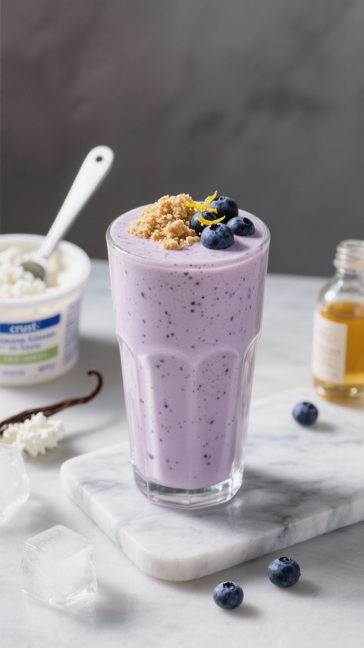 A straight-on hero shot of the Blueberry Cheesecake Breakfast Shake in a thick, frosted glass, pale lavender hue with visible blueberry speckles, ultra-creamy from cottage cheese and Greek yogurt. Top with a small mound of crushed graham cracker “crust,” a few fresh blueberries, and a whisper of lemon zest. Place on a cool-toned marble slab with ingredients staged subtly: a container of cottage cheese, vanilla protein scoop, vanilla extract bottle, and a few ice cubes. Soft, luxe lighting to evoke dessert-like indulgence.