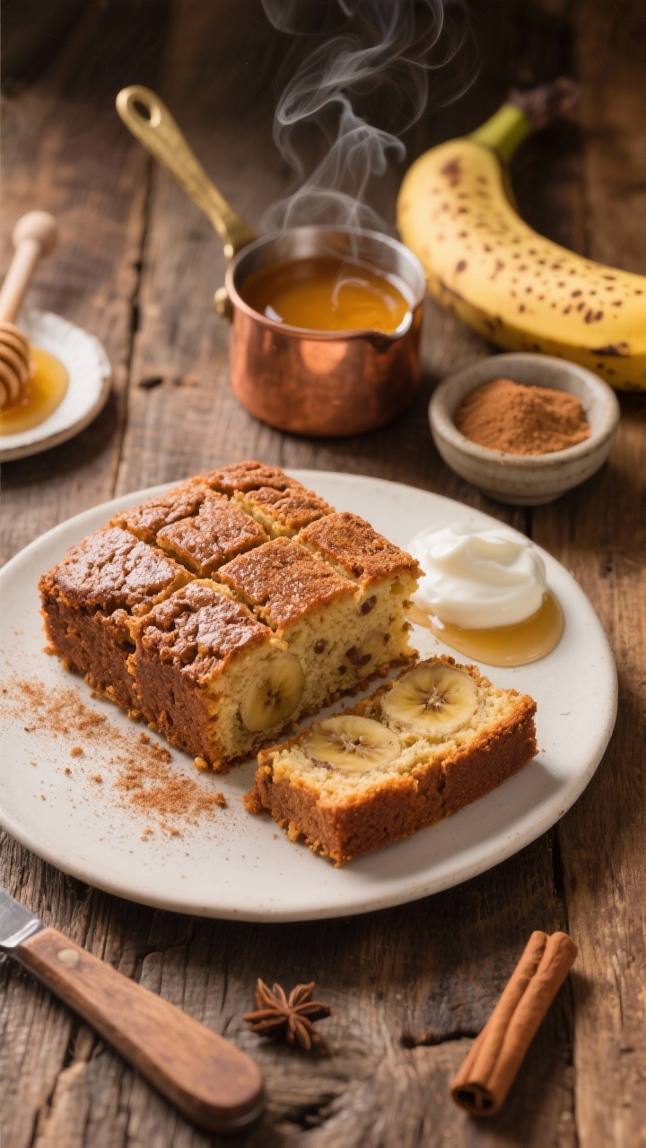 A straight-on plated presentation of a brown butter banana snack cake cut into neat squares, the tops sparkling with a crackly cinnamon-sugar crust. One piece slightly tilted to show the tender crumb; visible specks of banana. Include a small copper pot of browned butter (amber with milk solids), ripe spotted bananas, and a pinch bowl with cinnamon-sugar. Warm, cozy tones on a rustic wooden table; steam subtly rising; a drizzle of honey and a dollop of yogurt on a side plate as serving suggestions.