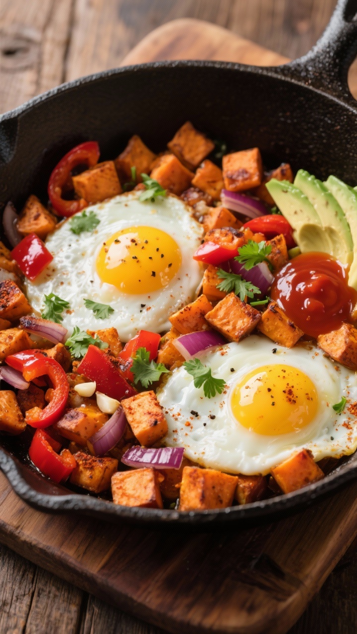 A straight-on skillet scene of Savory Sweet Potato Breakfast Hash with Eggs: small-diced sweet potatoes crisped and caramelized, red bell pepper and red onion pieces glistening in olive oil, seasoned with smoked paprika and garlic powder. Two eggs nestled in wells with set whites and runny yolks, speckled with black pepper. Finished with chopped cilantro and a small pool of hot sauce on the side of the pan; optional avocado slices fanned on the rim. Cast-iron pan on a rustic wooden board, warm, hearty colors, inviting texture.