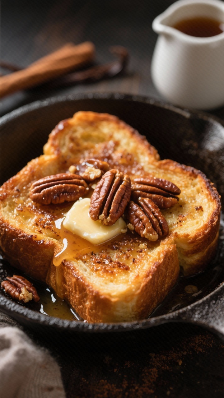 A tight close-up of cinnamon French toast in a cast-iron skillet: brioche slices with deeply golden, crisped edges and custardy centers, crowned with sticky maple-glossed pecans; butter-melted sheen, a few drips of maple syrup cascading down, flecks of cinnamon visible; soft, moody light with a small pitcher of syrup and a hint of vanilla in the background.