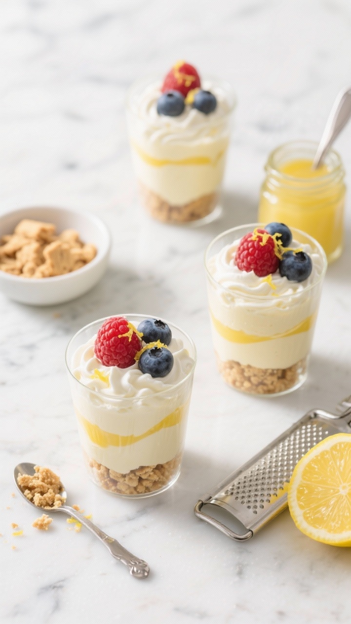 An elegant overhead flat lay of no-bake lemon cream cups layered in clear glass tumblers: crushed shortbread cookie crumble at the base, swirled lemon curd streaks through a pale lemon-vanilla cream (whipped cream folded into cream cheese), topped with fresh raspberries and blueberries and a whisper of lemon zest. Include a small bowl of extra cookie crumbs, a jar of lemon curd with a spoon, and a microplane with bright zest on a cool marble surface. Bright, airy lighting with crisp highlights to convey tangy freshness and chilled creaminess.
