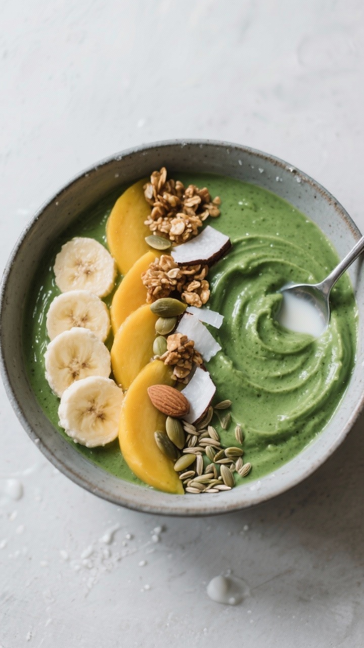 An overhead bowl shot of a thick green smoothie bowl with a spoonable, ice-cream-like swirl: blended spinach, frozen banana, and mango with vegan vanilla protein, almond butter, and hemp hearts creating a velvety surface. Toppings arranged in clean lines—sliced fruit, granola clusters, pumpkin seeds, and coconut flakes—on a matte ceramic bowl; cool tones, frosty texture visible, minimal milk splash to suggest ultra-thick consistency.