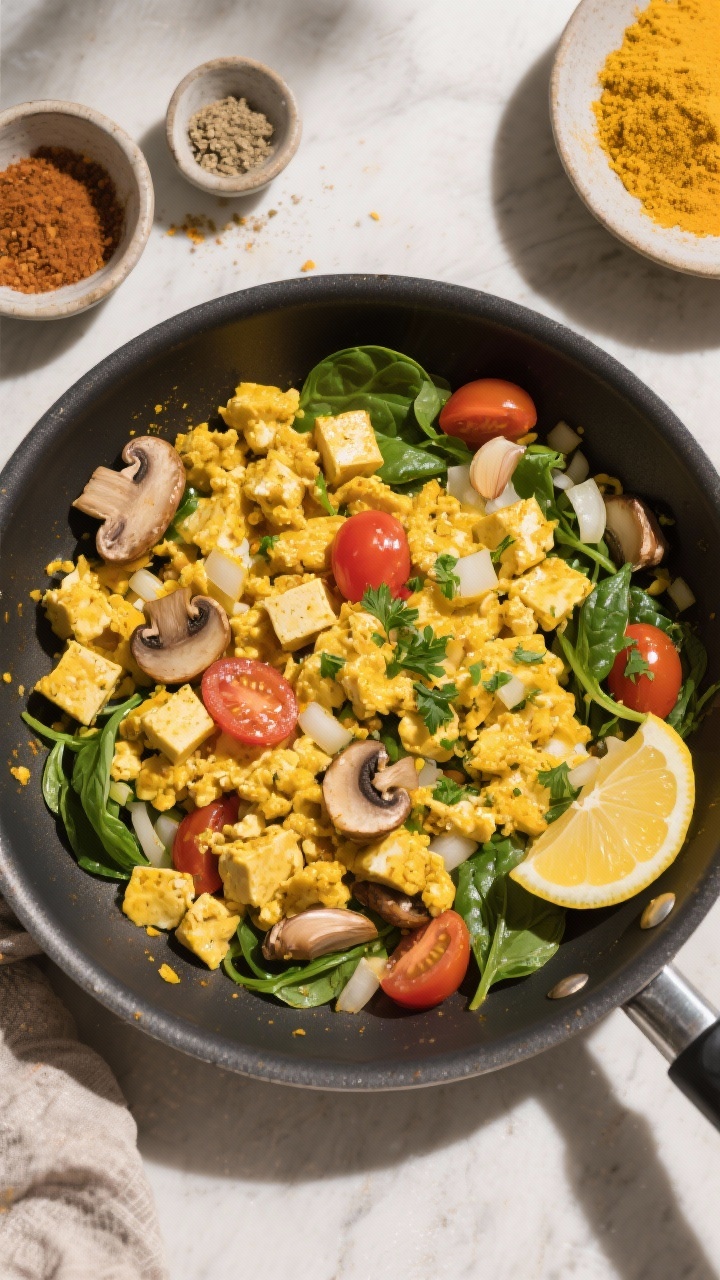 An overhead cooking-process shot of Sunny Turmeric Tofu Scramble with Veggies in a wide nonstick skillet: crumbled firm tofu stained golden with turmeric and cumin, mingling with sautéed mushrooms, cherry tomato halves, finely diced yellow onion, garlic powder, and nutritional yeast. Baby spinach just wilted for a pop of green; finished with a squeeze of lemon and sprinkle of chopped parsley. Seasoning bowls nearby, warm shadows highlighting craggy tofu texture and glossy vegetables. Plant-based, colorful, meal-prep friendly mood.