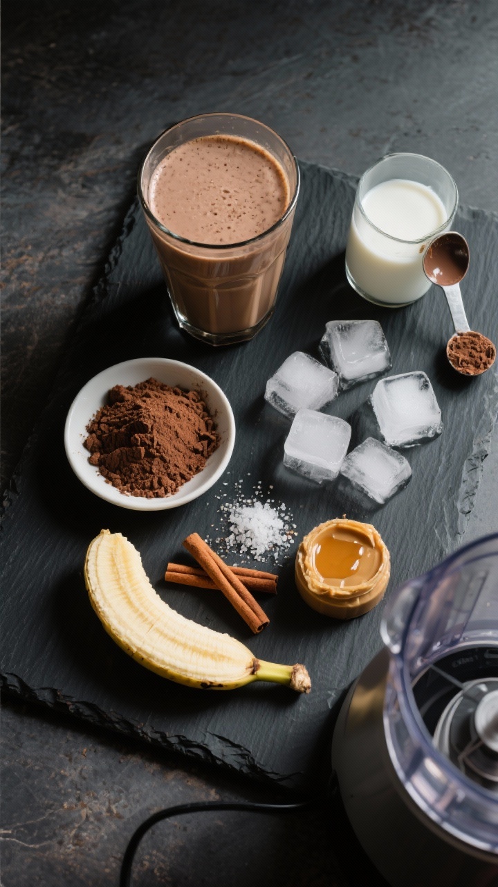 An overhead flat lay ingredient shot for the Mocha Muscle Morning Shake: chilled brewed coffee in a glass, milk, a scoop of chocolate protein powder, unsweetened cocoa powder in a small dish, half a frozen banana, almond butter, a pinch of cinnamon, optional maple syrup, and a handful of ice cubes arranged on a dark slate board. Include a small sea salt pinch to suggest the flavor pop. Moody café lighting, matte textures, neat but inviting layout, with a blender jar partially in frame to suggest the next step.