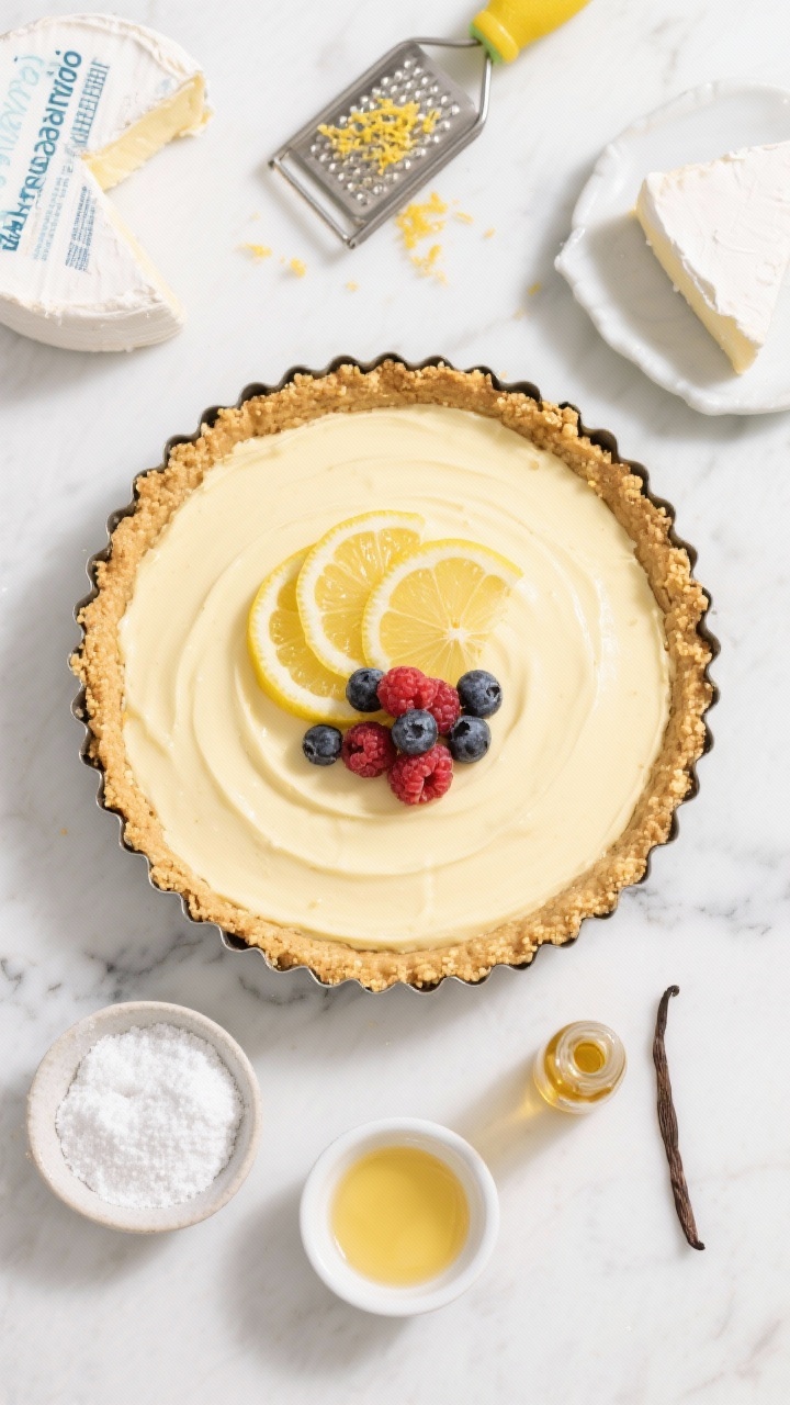 An overhead flat lay of a no-bake lemon mascarpone tart in a 9-inch fluted tart pan with a smooth, pale-lemon filling and a golden crushed butter-cracker crust. Top with thin lemon slices and a scattering of fresh berries. Surround with key ingredients: mascarpone and cream cheese blocks, a zester with fresh lemon zest, a small bowl of powdered sugar, melted butter in a ramekin, and vanilla extract. Bright, airy lighting on a white marble surface to emphasize creamy texture and citrus freshness.