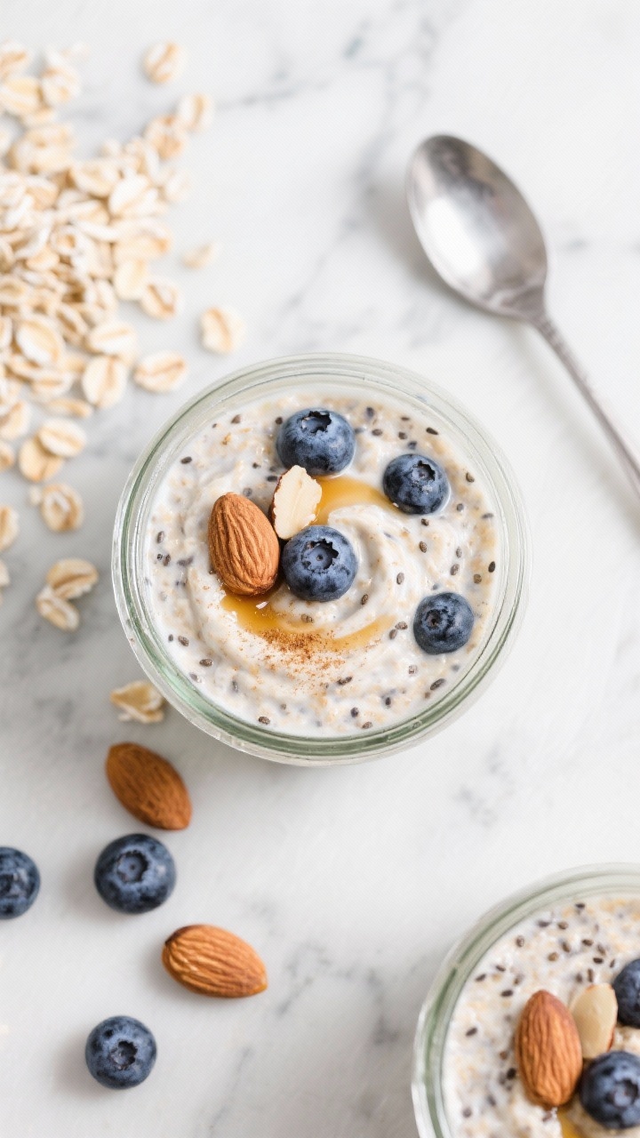 An overhead flat lay of Blueberry Almond Overnight Oats in a clear glass jar, thick and creamy with visible rolled oats, chia seeds, and Greek yogurt, swirled with almond milk and vanilla. Dotted with juicy blueberries and topped with sliced almonds, a sprinkle of cinnamon, and a tiny drizzle of maple syrup. Styled on a cool marble surface with scattered raw oats, extra blueberries, almond slices, and a small spoon; a second sealed jar in the corner to imply make-ahead meal prep. Bright, clean, dessert-like mood.