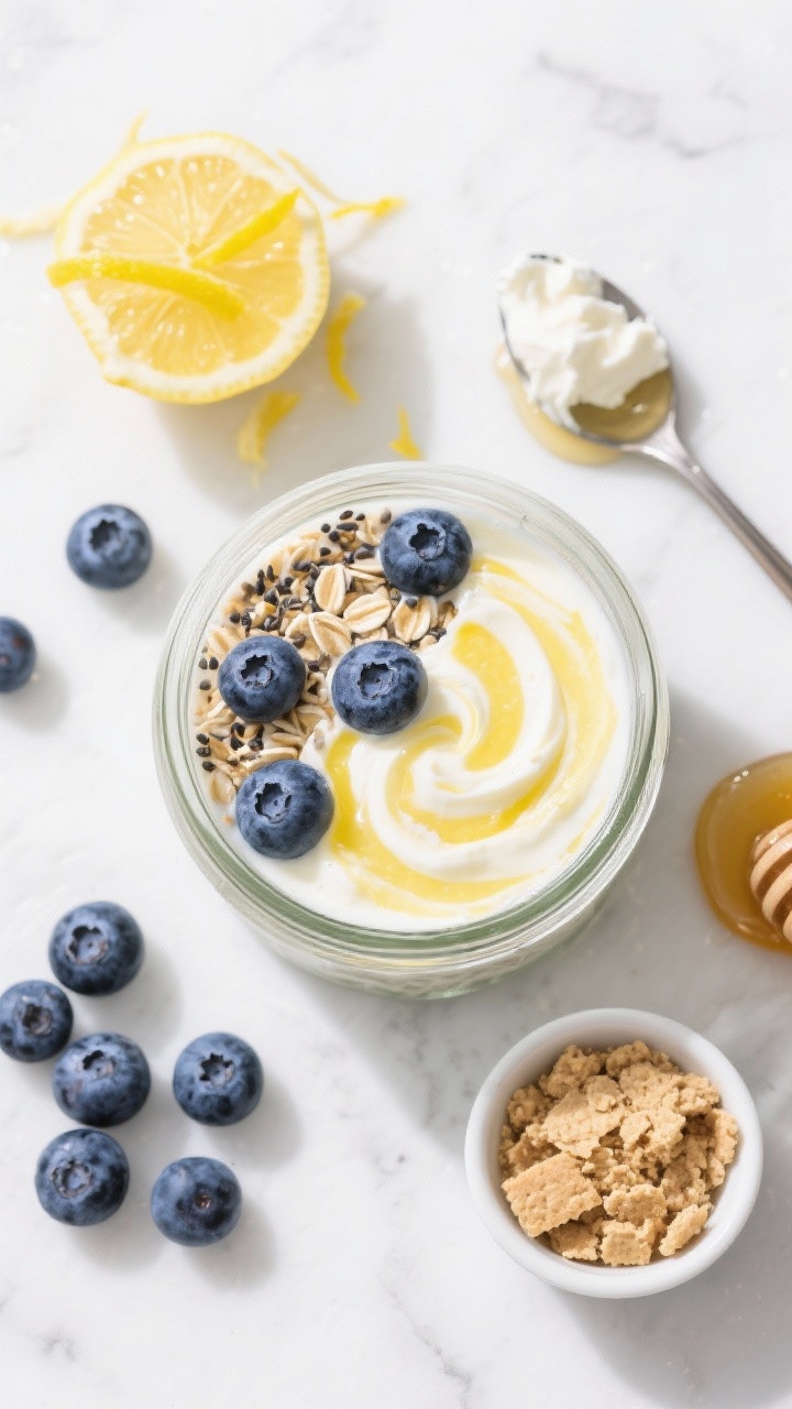 An overhead flat lay of Blueberry Lemon Cheesecake Overnight Oats assembly: a clear jar half-filled with the lemony yogurt-cream cheese mixture swirled with rolled oats, chia seeds, and burst blueberries. Surround with ingredients neatly styled: fresh blueberries, a zested lemon with curls of bright yellow zest, a spoonful of whipped cream cheese, a drizzle of honey, and a small ramekin of crushed graham crackers to sprinkle on top. Clean white marble backdrop, bright and sunny vibe, crisp highlights emphasizing tangy-fresh colors—deep blue, vibrant yellow, creamy whites.
