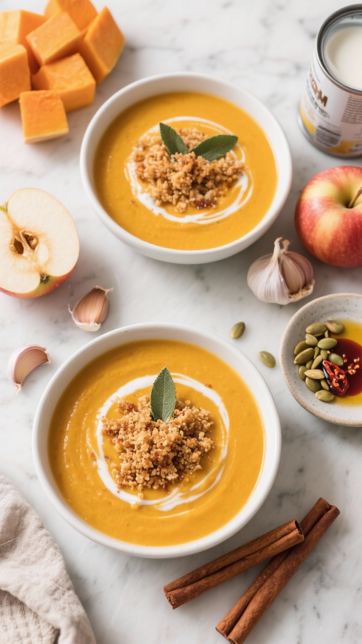 An overhead flat lay of creamy butternut squash soup in matte white bowls: silky golden-orange puree with a swirl of coconut milk, topped generously with crisp sage-brown-butter panko crumbs. Surround with raw ingredient cues—peeled squash cubes, a sliced Honeycrisp apple, cinnamon sticks, nutmeg, garlic cloves, and a can of coconut milk. Add a small dish of toasted pepitas and a drizzle of chili oil on one bowl for variation. Clean marble surface, bright yet cozy fall light, warm tones.