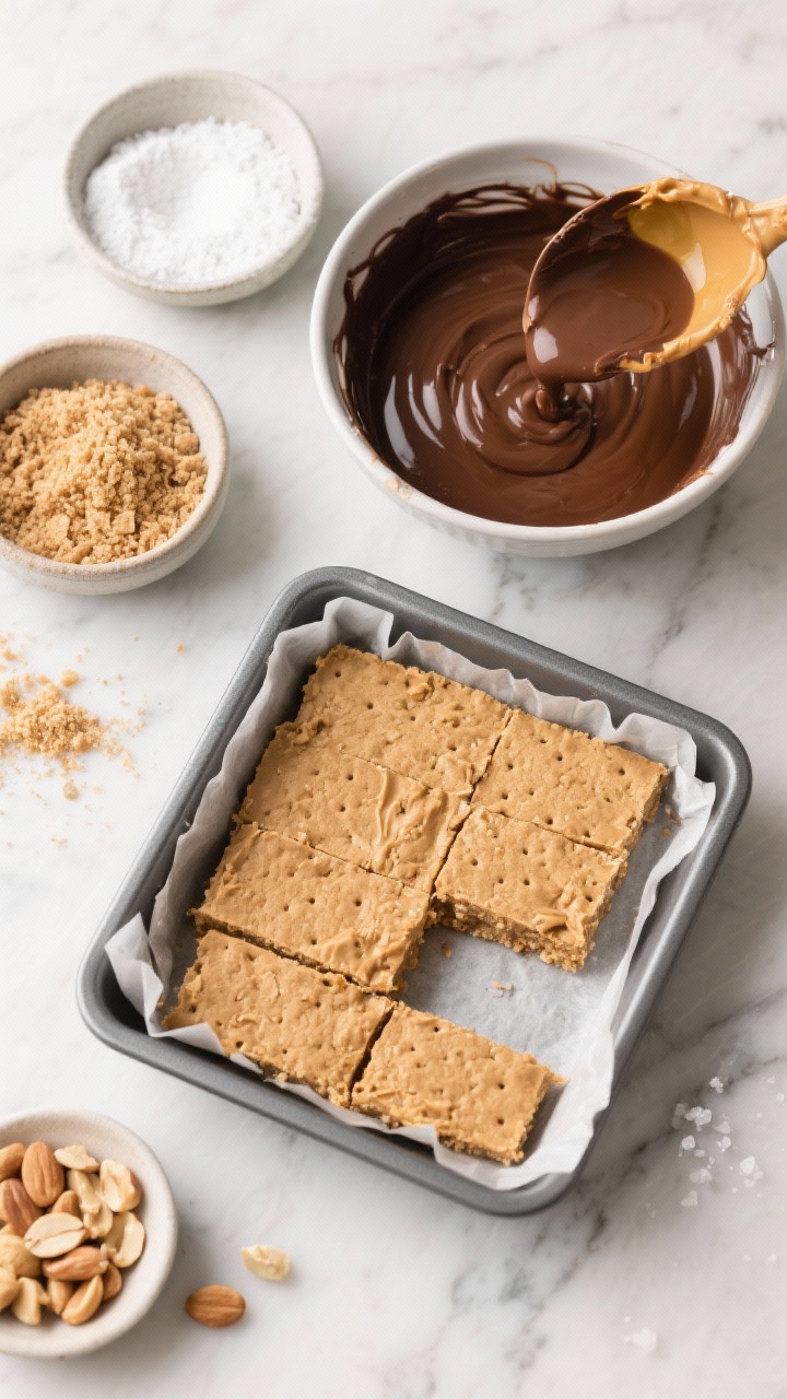 An overhead flat lay of no-bake peanut butter cup bars being assembled: the lined 8-inch square pan filled with a pressed base of peanut butter–graham cracker mixture, next to the same microwave-safe bowl holding the glossy melted semisweet chocolate, peanut butter, and a touch of oil ready to pour. Include bowls of powdered sugar, graham crumbs, and flaky salt; add a small dish of chopped peanuts for optional topping. Clean, modern styling on a cool marble surface, warm peanut-butter tones contrasted with deep chocolate.