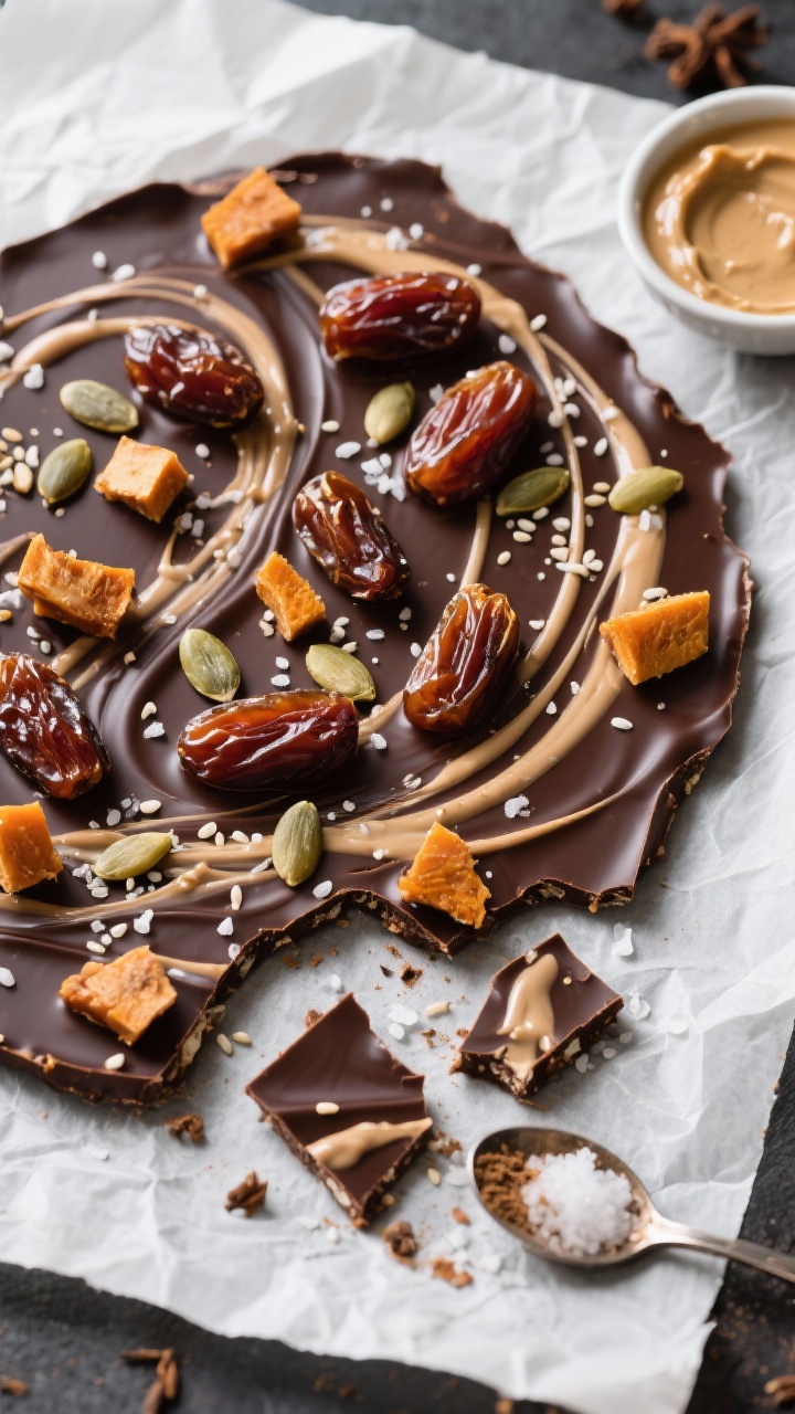 An overhead flat lay of tahini-date chocolate bark set on parchment: a thin, glossy layer of dark chocolate swirled with ribbons of well-stirred tahini, scattered with chopped soft dates, pumpkin seeds, and a few sesame seeds. A final pinch of flaky sea salt sparkles on top, with a whisper of ground cardamom visible in the chocolate. Some shards already broken for dynamic composition, with a small bowl of tahini, a pinch bowl of flaky salt, and a teaspoon dusted with cardamom at the frame edge. Clean, high-contrast lighting to emphasize shine, texture, and snap.