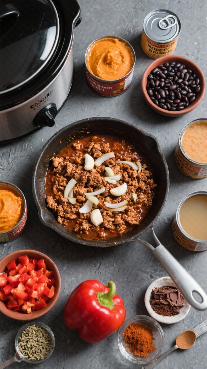 An overhead, in-process ingredient shot for Smoky Pumpkin Turkey Chili with Black Beans: a vibrant flat lay of browned ground turkey with sautéed onions and garlic in a skillet beside the crockpot. Around it, neatly arranged cans and bowls of pumpkin purée, crushed tomatoes, black beans, kidney beans, diced red bell pepper, chicken broth, and measured spices—chili powder, cumin, smoked paprika, chipotle chili powder—plus a pinch bowl of unsweetened cocoa and brown sugar. Rich fall palette, clean labels turned away, minimalist slate background.