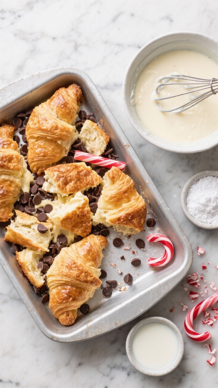An overhead ingredient-to-assembly shot for a candy cane chocolate croissant bake: torn buttery croissant chunks in a greased baking dish scattered with semi-sweet chocolate chips, a bowl of whisked custard (eggs, whole milk, cream, sugar, vanilla, salt) ready to pour, and small bowls holding powdered sugar, milk, peppermint extract, and crushed candy canes for the glaze; cool-toned marble surface for contrast, tidy mise en place, bright peppermint reds popping against golden croissants; festive minimalism.