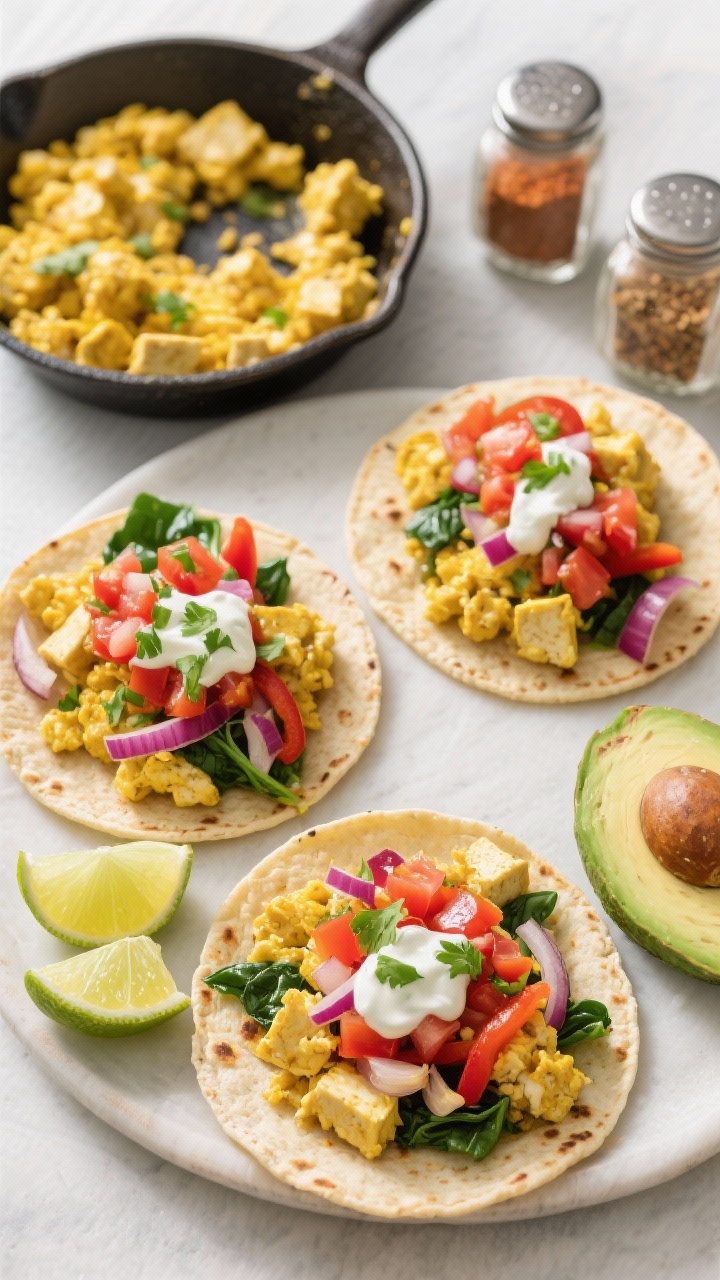 An overhead ingredient-to-final scene for Tofu Scramble Breakfast Tacos: four small corn tortillas filled with golden tofu scramble tinted by turmeric and seasoned with cumin and chili powder, mixed with sautéed red onion, red bell pepper, wilted spinach, and garlic. Each taco topped with fresh pico de gallo (diced Roma tomato, red onion, cilantro, lime) and a drizzle of creamy cilantro-lime yogurt sauce; lime wedges and sliced avocado on the side. Include a small skillet with remaining scramble and spice jars nearby for context. Bright, punchy colors, matte props, natural light, no people.