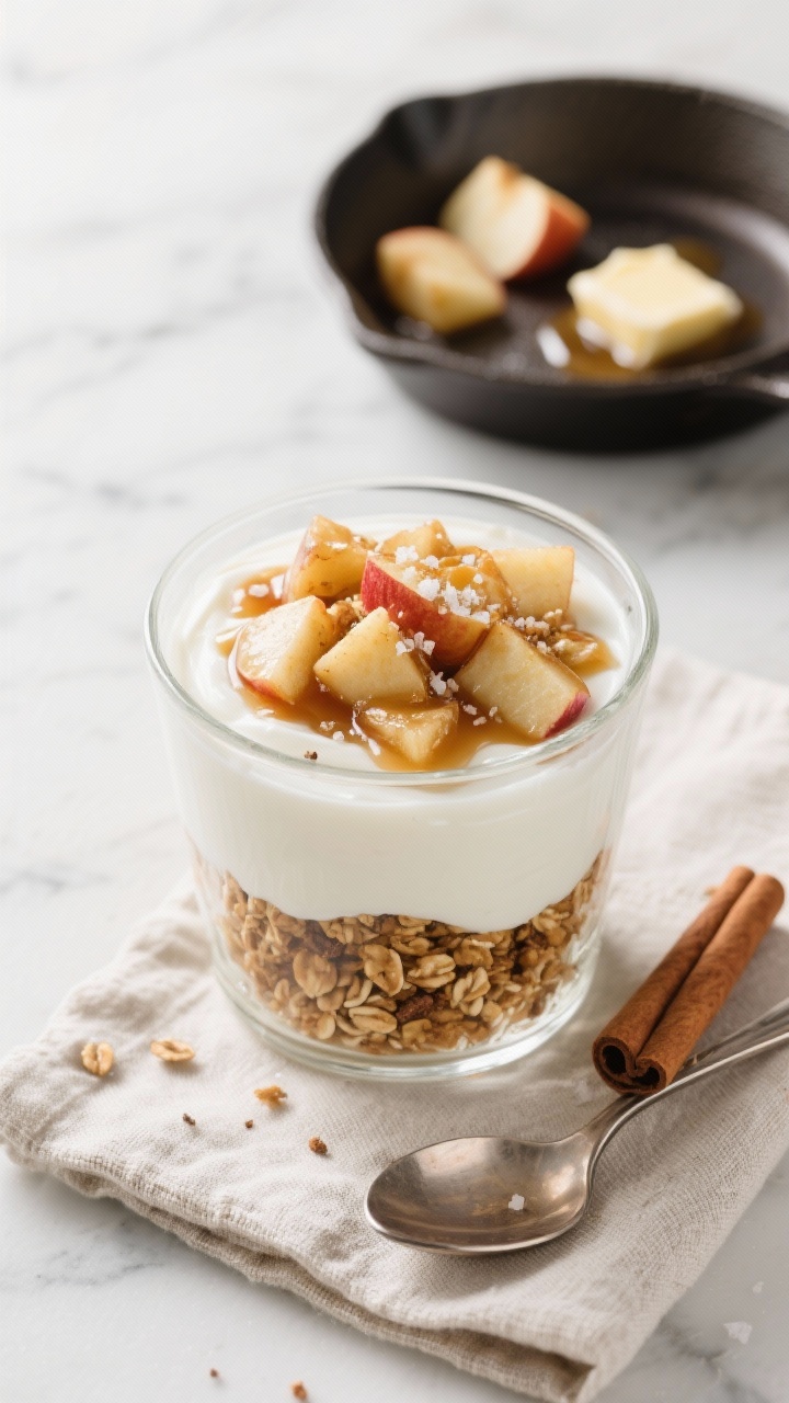 An overhead layered Apple Pie Yogurt Parfait in a clear glass: thick plain Greek yogurt, warm cinnamon-sautéed diced apples glistening with maple syrup, and a crunchy granola crumble, repeated in neat layers. Tiny pinches of nutmeg and salt dusted on the apple layer, a light maple drizzle on top. Props include a small skillet with a few softened apple cubes and a pat of melted coconut oil/butter, a cinnamon stick, and a spoon resting on a linen napkin. Bright, cozy morning light on a neutral marble surface for a clean, inviting look.