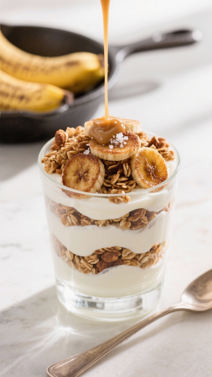 An overhead layered parfait scene: thick Greek yogurt in a clear glass, warm caramelized banana coins glistening with brown sugar and cinnamon, hot toasted granola piled on top, a tiny pinch of flaky salt, and a slow drizzle of peanut butter; visible contrast of cool creamy white, golden bananas, and crunchy clusters; small skillet with remaining bananas in frame, bright natural morning light.