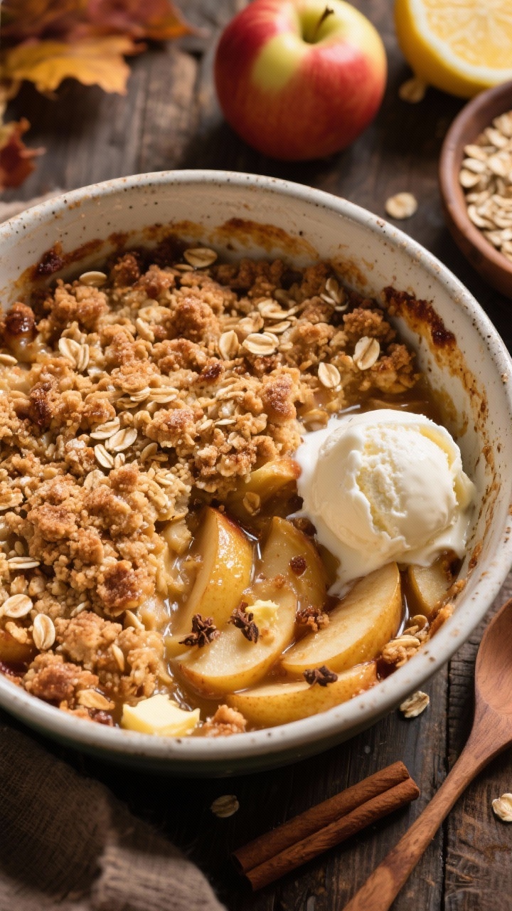 An overhead rustic shot of a one-bowl apple crumble just out of the oven in an oven-safe mixing bowl: bubbling cinnamon-scented apples peeking through a golden, chunky oat and brown sugar topping with crisp edges. Visible sliced apples beneath, specks of cinnamon and nutmeg, and a few buttered crumbs on the rim. Serve with a scoop of vanilla ice cream starting to melt; include whole apples, lemon, and a small dish of old-fashioned oats nearby for context; cozy fall ambiance.