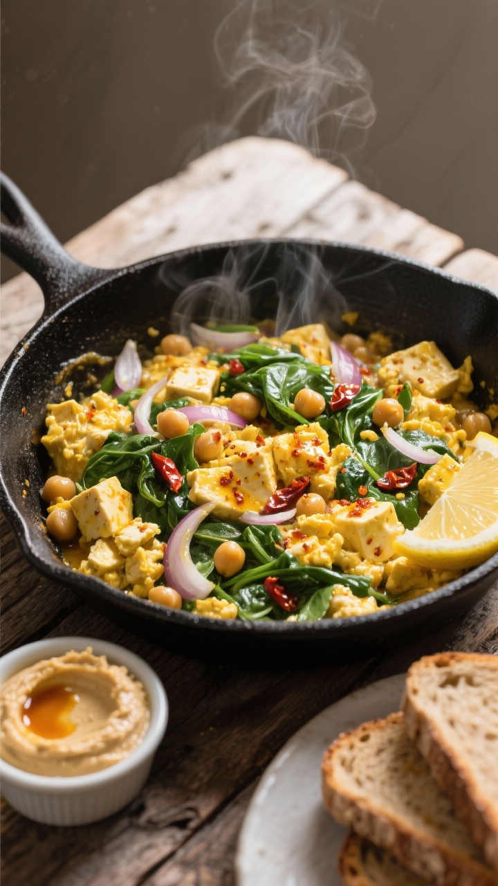 An overhead shot of a creamy tofu scramble in a black skillet on a rustic wood surface: golden crumbled firm tofu with chickpeas, wilted baby spinach, flecks of turmeric and smoked paprika, glossy sautéed onion and garlic, finished with chili crisp drizzles and a squeeze of lemon. Serve with whole-grain toast and a small ramekin of hummus on the side; steam rising, vibrant greens and chili oil sheen, natural morning light, no people.