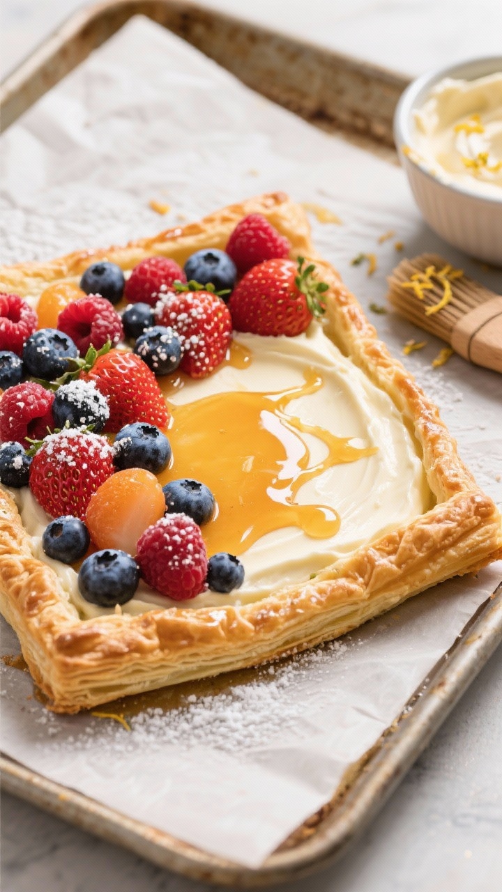 An overhead shot of a rustic-cheat berry tart on parchment-lined sheet pan: golden, puffed puff pastry with a neatly scored, glossy egg-washed border framing a smooth honeyed mascarpone–cream cheese filling. A vibrant mosaic of strawberries, blueberries, and raspberries arranged on top, lightly brushed with warm apricot jam for a glossy sheen, finished with a drizzle of honey and a delicate snowfall of powdered sugar. Include a zest-speckled bowl of filling and a pastry brush off to the side. Bright, natural light to highlight flaky layers, creamy filling, and jewel-toned berries.