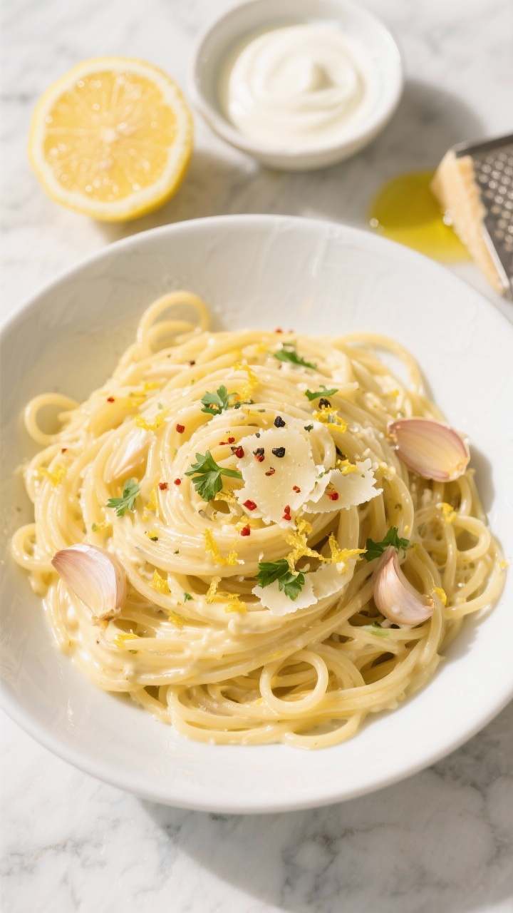 An overhead shot of Creamy Lemon Garlic Spaghetti twirled in a shallow white bowl, glossy sauce clinging to strands with visible lemon zest, thinly sliced golden garlic, and flecks of black pepper; finished with grated Parmesan, chopped fresh parsley, and a light sprinkle of red pepper flakes. Include a halved lemon, a small dish of heavy cream, a wedge of Parmesan with a microplane, and a drizzle of olive oil on a marble surface. Bright, sunlit mood emphasizing zesty yellows and creamy textures.