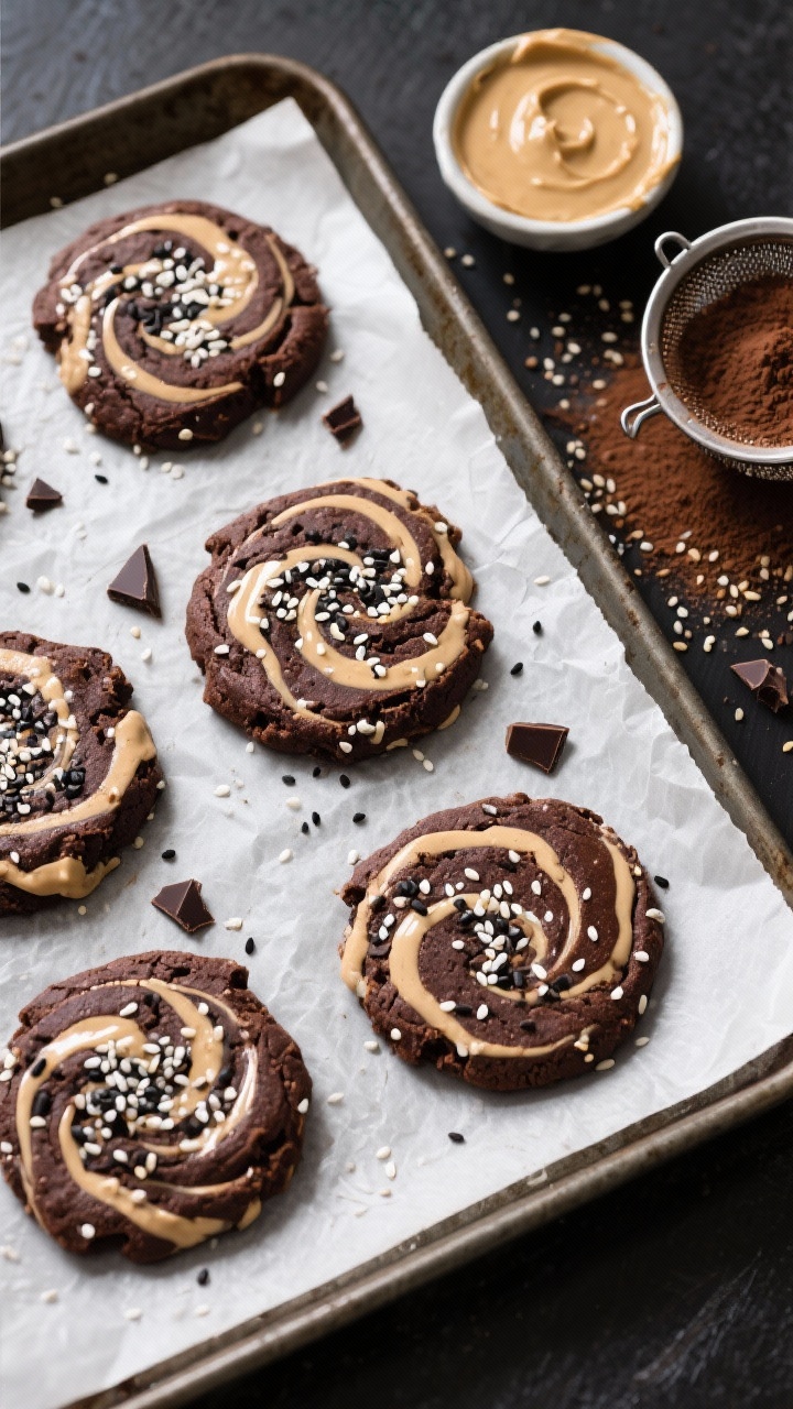 An overhead shot of tahini swirl brownie cookies cooling on parchment-lined baking sheets: dramatic marbled tahini swirls atop deep cocoa cookies, sprinkled with mixed white/black sesame seeds and a finishing pinch of flaky salt. Include a small bowl of well-stirred tahini, scattered sesame seeds, and a sifter dusted with cocoa nearby. High-contrast lighting to emphasize fudgy centers and crisp edges; a few chopped dark chocolate pieces pressed into some cookies for extra visual drama.