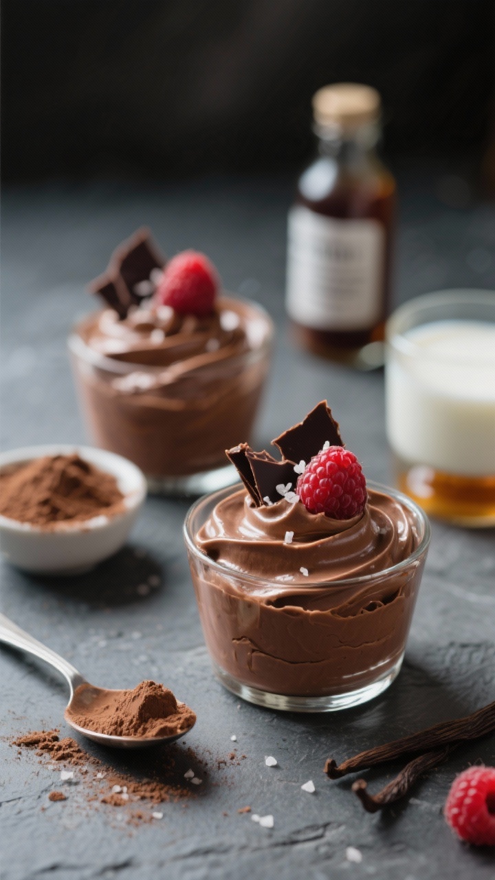 Close-up, 45-degree angle shot of creamy chocolate Greek yogurt mousse spooned into small glass cups, glossy and thick with a soft swirl. Garnish each with shaved dark chocolate, fresh raspberries, and a tiny sprinkle of flaky sea salt. Include a small bowl of sifted cocoa powder, a scoop of chocolate protein powder, and a vanilla extract bottle blurred in the background. Soft, moody lighting to emphasize velvety texture; cool-toned slate surface; hints of milk and maple syrup nearby for context.