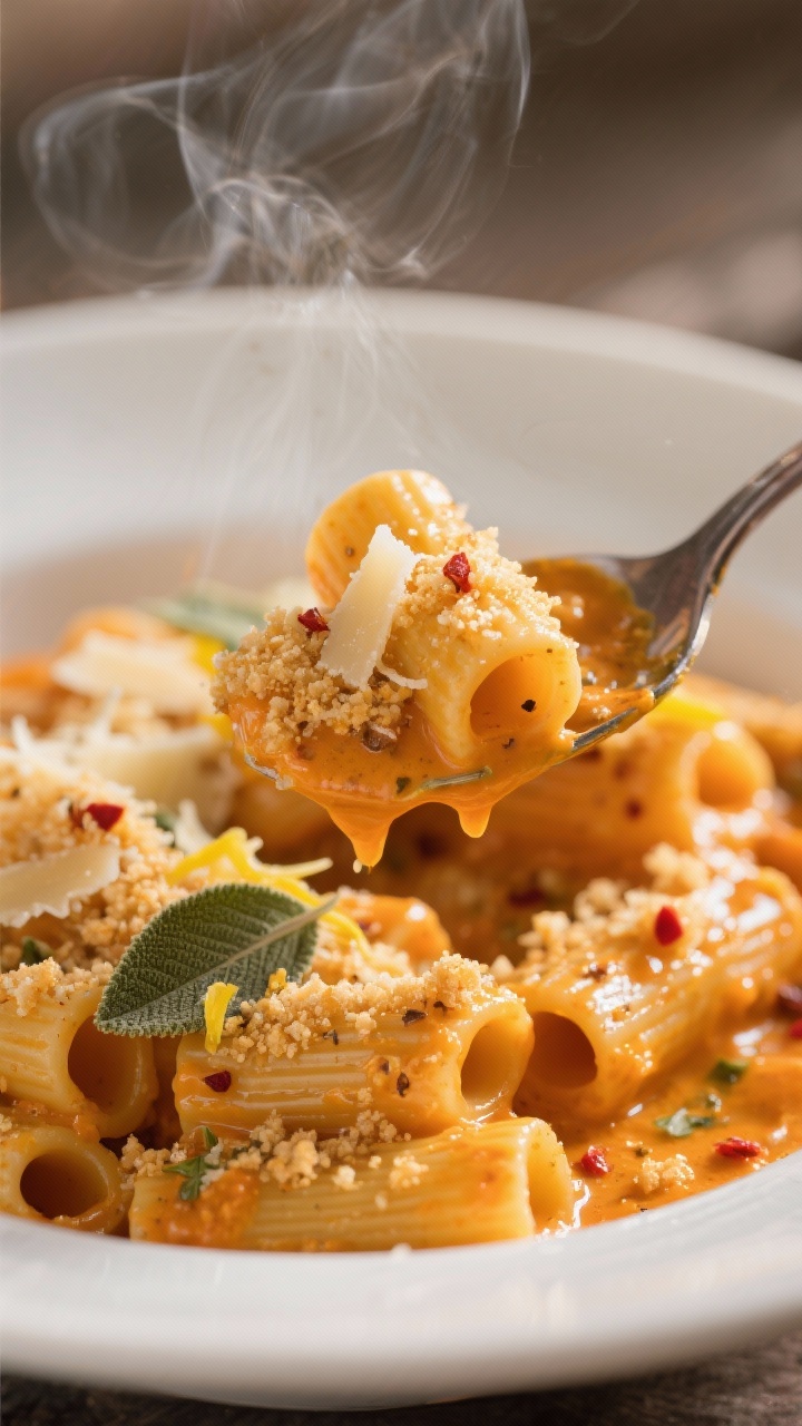 Close-up 45-degree bowl shot: creamy pumpkin Parmesan pasta (rigatoni) coated in silky orange sauce, steam rising; topped generously with golden garlicky panko breadcrumbs, extra grated Parmesan, chopped sage, a whisper of lemon zest, and a pinch of red pepper flakes; glossy, luscious texture with visible nutmeg-speckled sauce clinging to ridges; a spoon lifting a few tubes to show stretch and sheen; warm autumnal tones, shallow depth of field, soft light for a cozy weeknight feel.