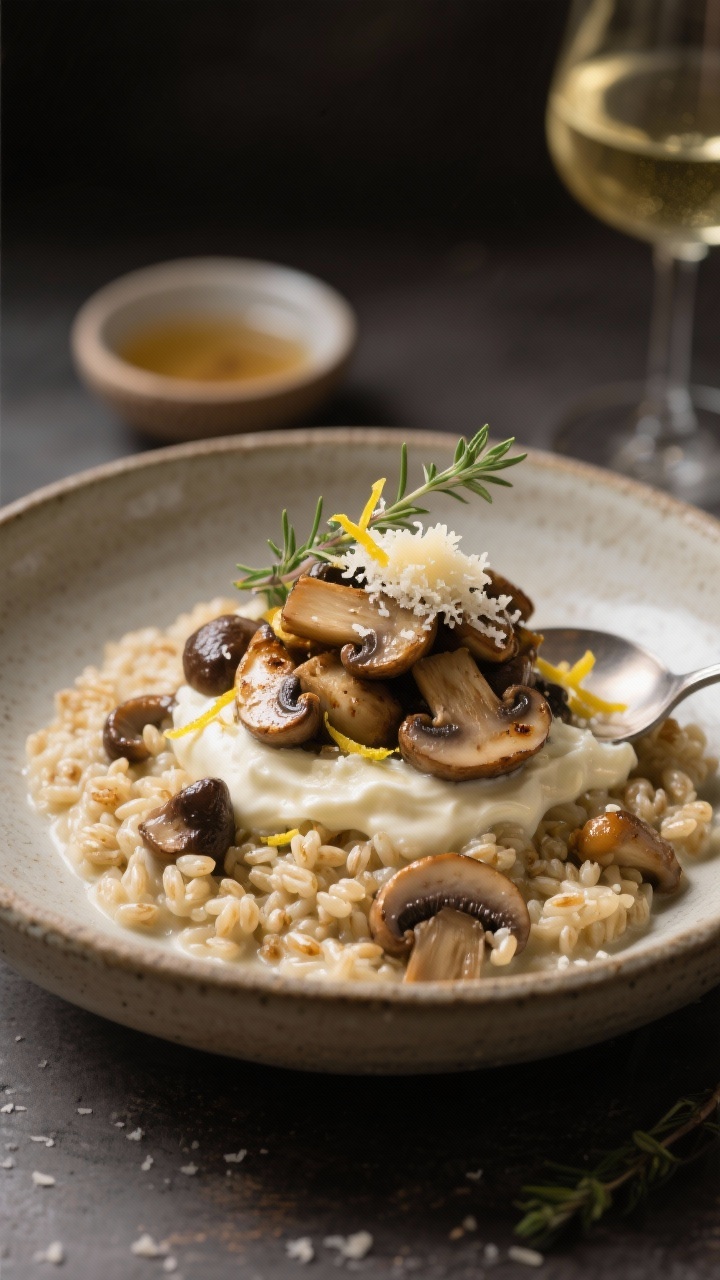 Close-up 45-degree shot of creamy mushroom farro risotto in a shallow stoneware bowl; nutty farro coated in a glossy Parmesan and mascarpone sheen, studded with mixed mushrooms (cremini, shiitake, oyster) with golden sear; reserved mushrooms piled on top, thyme leaves, lemon zest threads, and extra grated Parmesan snow; a spoon creating a gentle mound to showcase the creamy flow; background elements: a small dish of warm broth and a glass of white wine, soft moody lighting for earthy elegance.